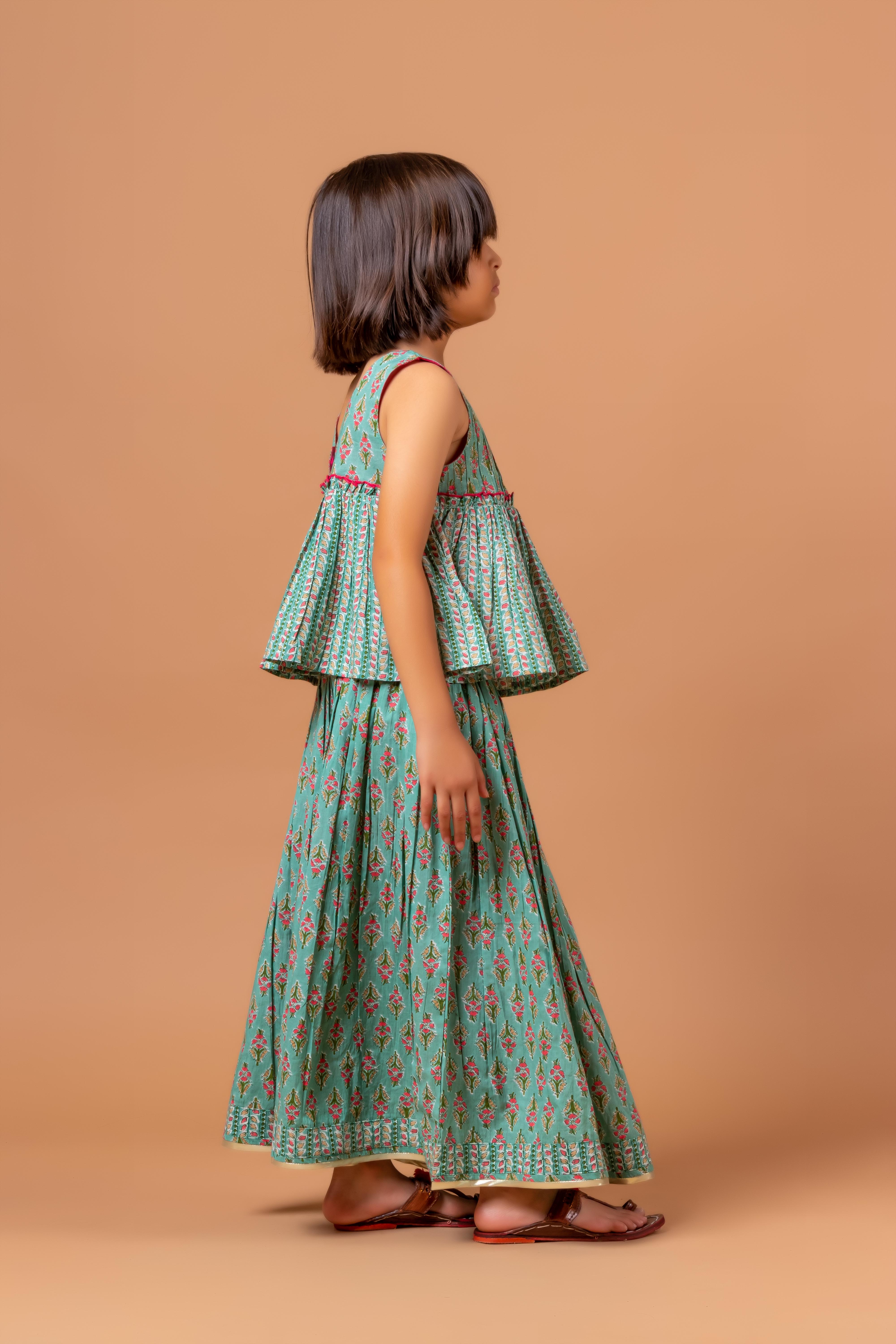 Girls Lehenga Choli Set Mandala Buti Green