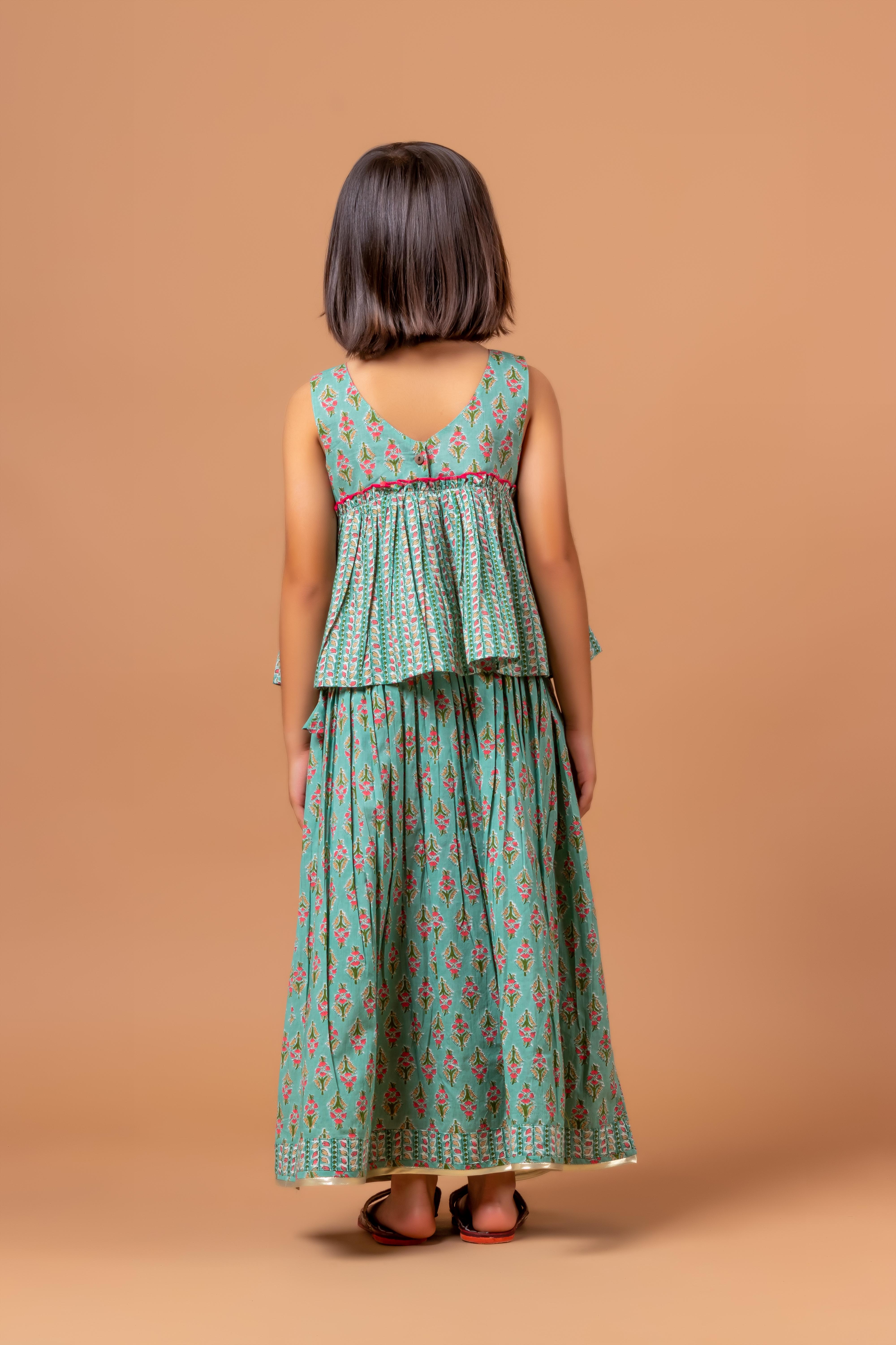 Girls Lehenga Choli Set Mandala Buti Green