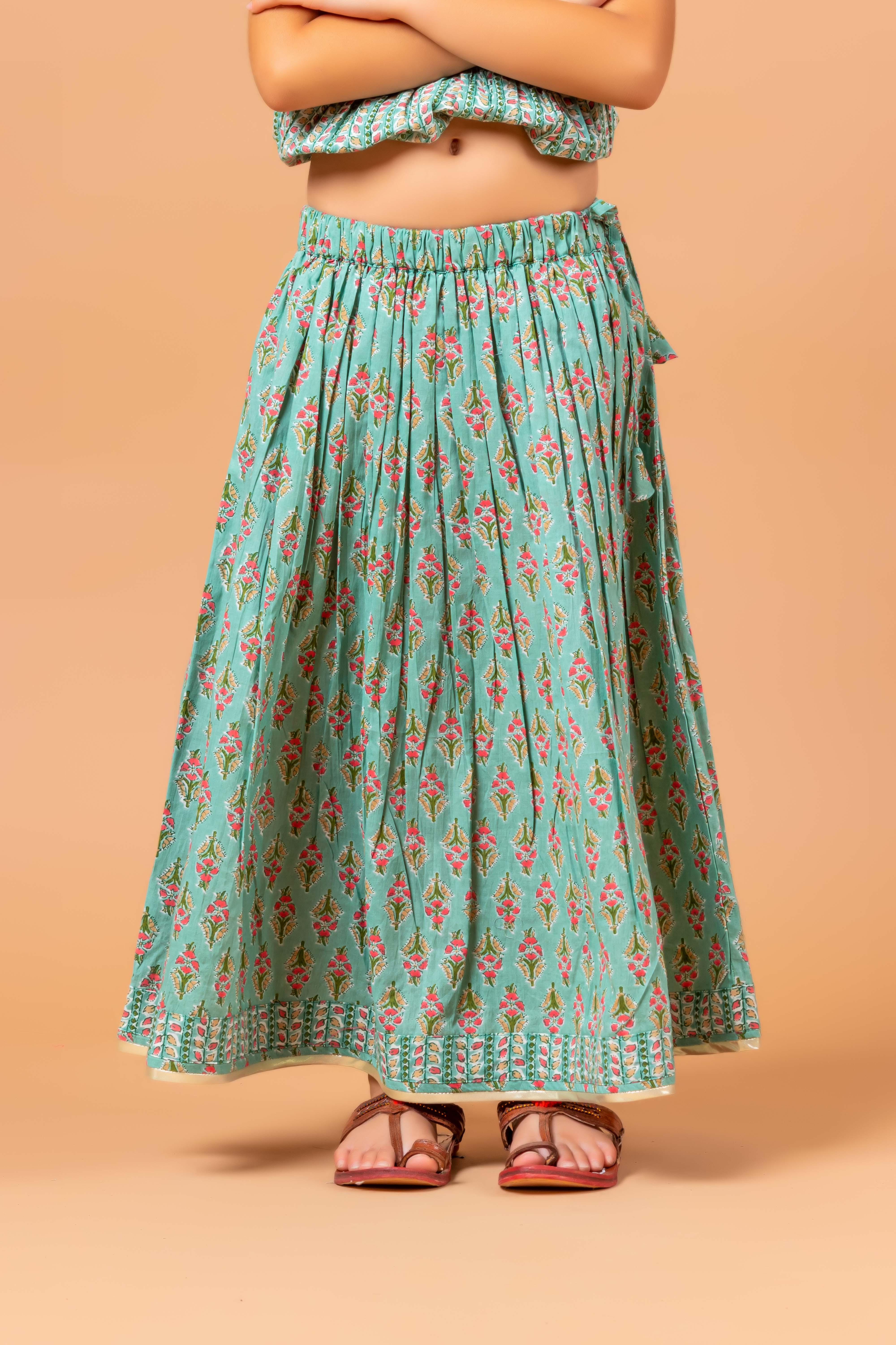 Girls Lehenga Choli Set Mandala Buti Green