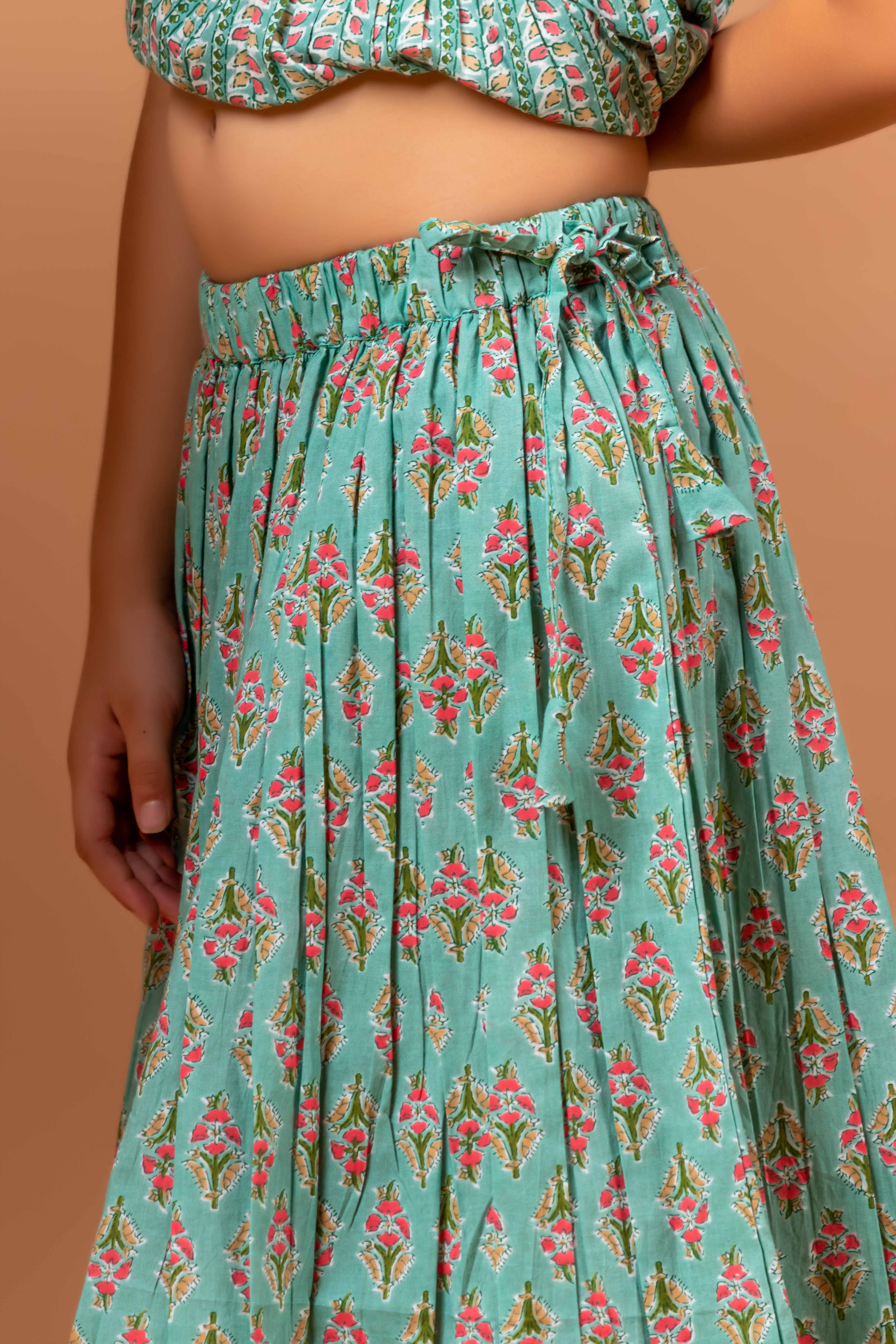 Girls Lehenga Choli Set Mandala Buti Green