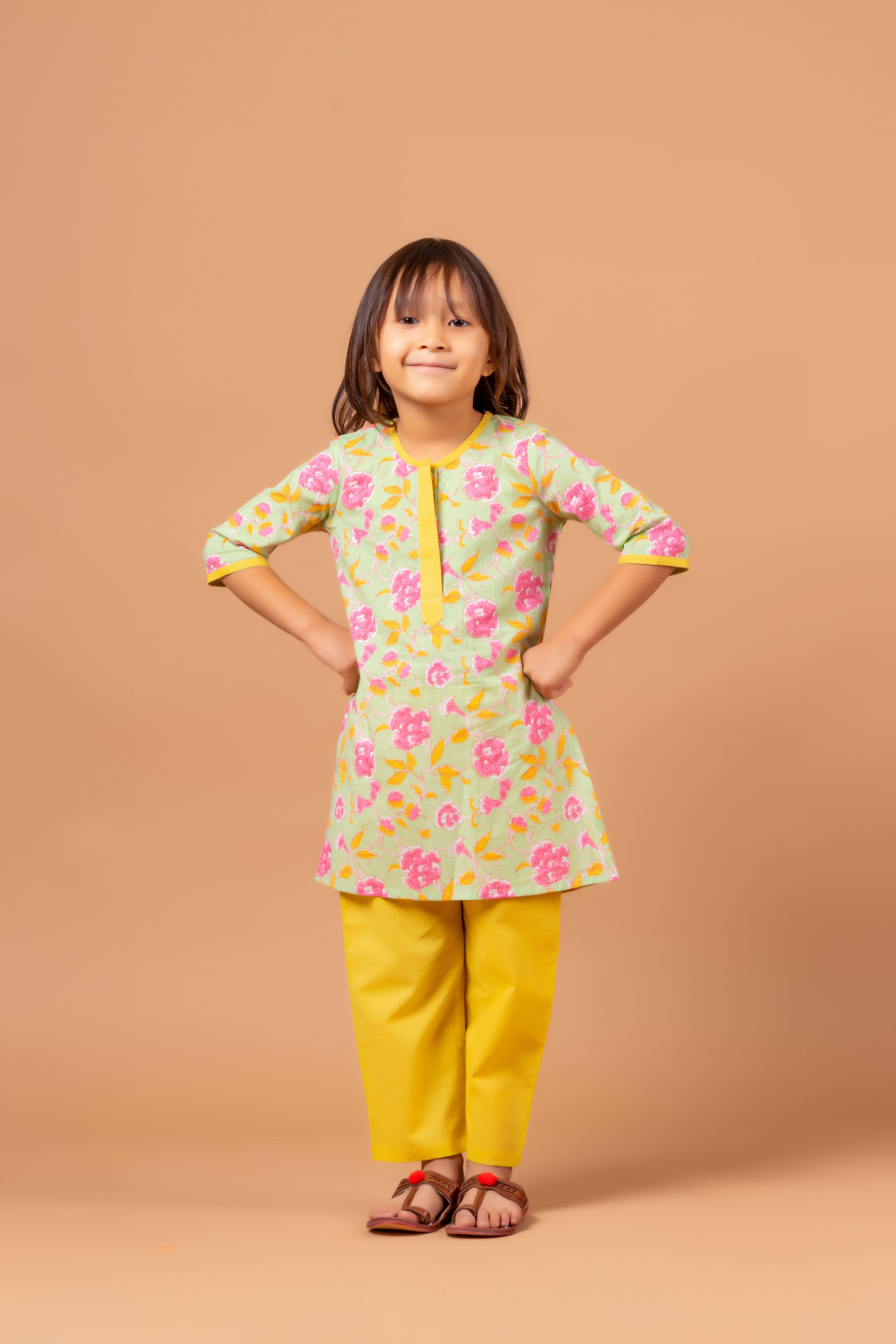 Girls Printed Kurta Set Floral Mint