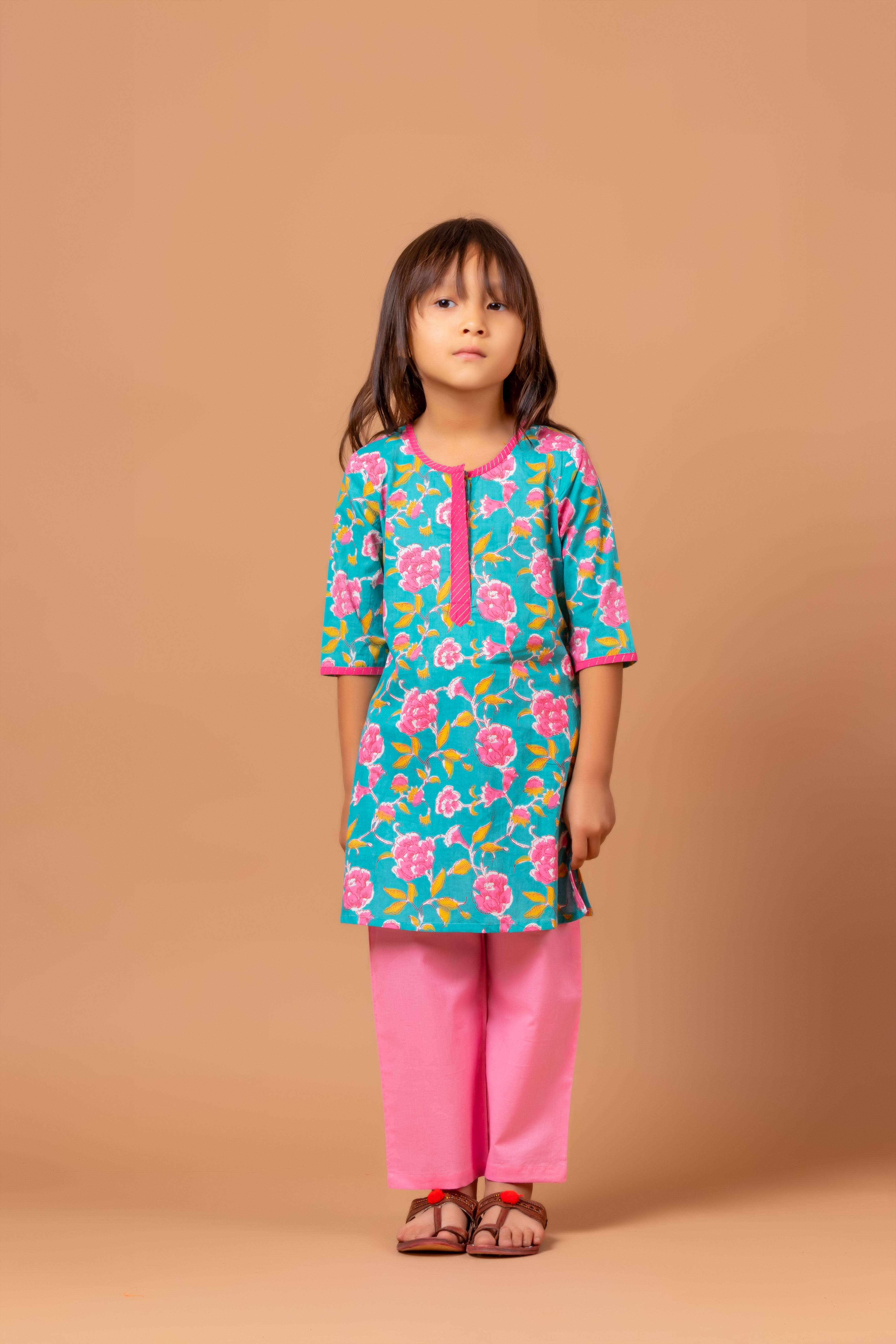 Girls Printed Kurta Set Floral Teal