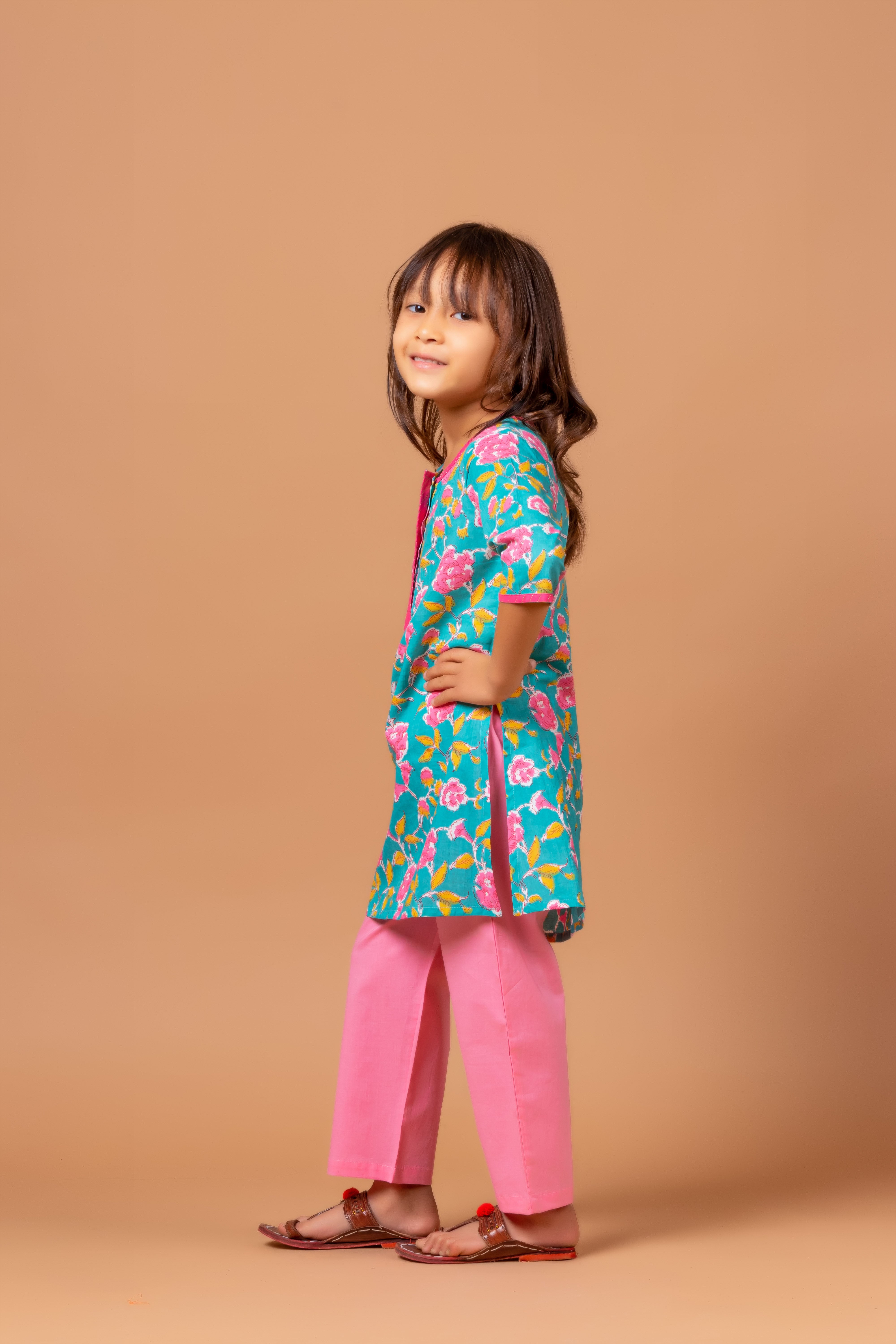 Girls Printed Kurta Set Floral Teal