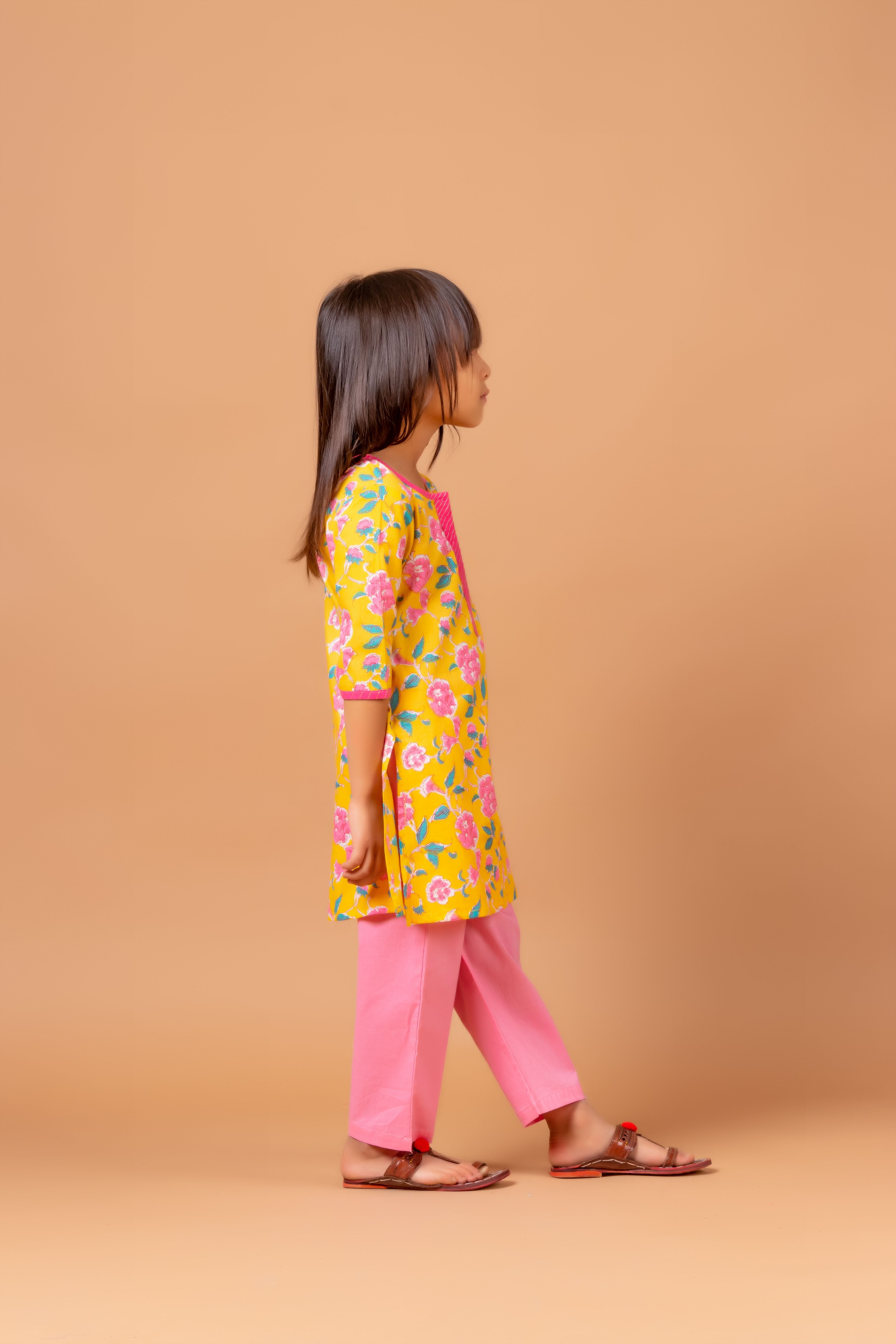 Girls Printed Kurta Set Floral Yellow