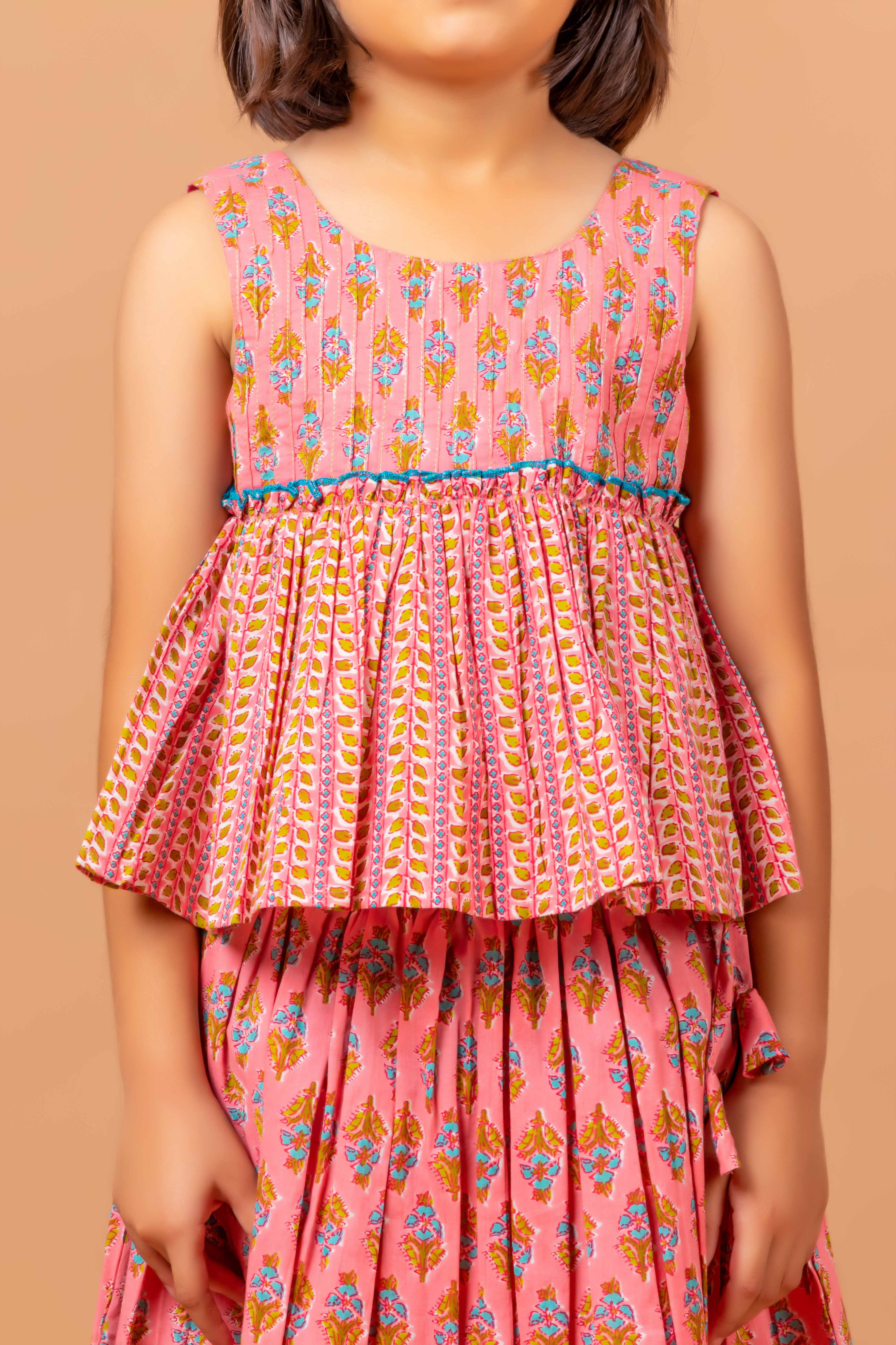 Girls Lehenga Choli Set Mandala Buti Pink