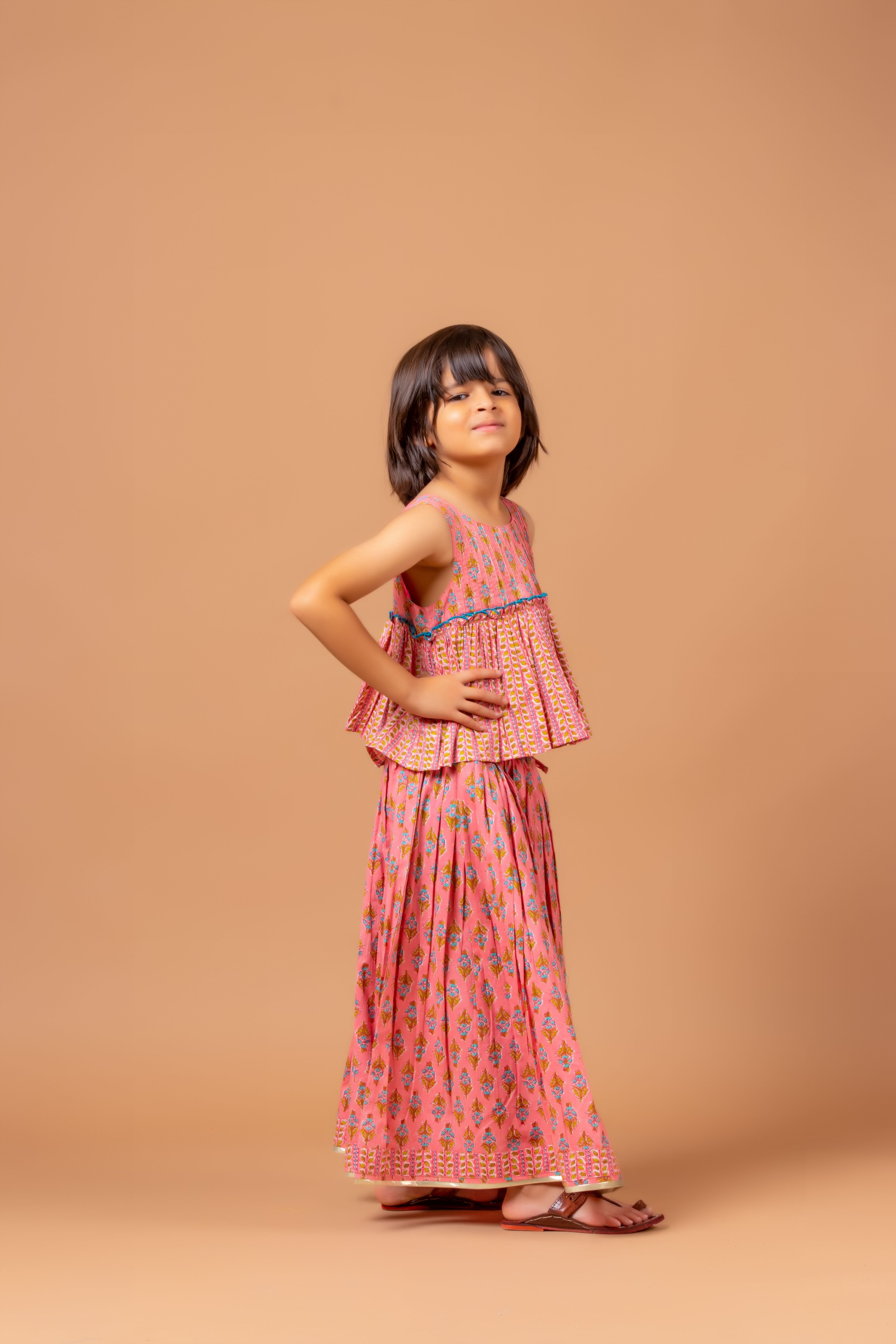Girls Lehenga Choli Set Mandala Buti Pink