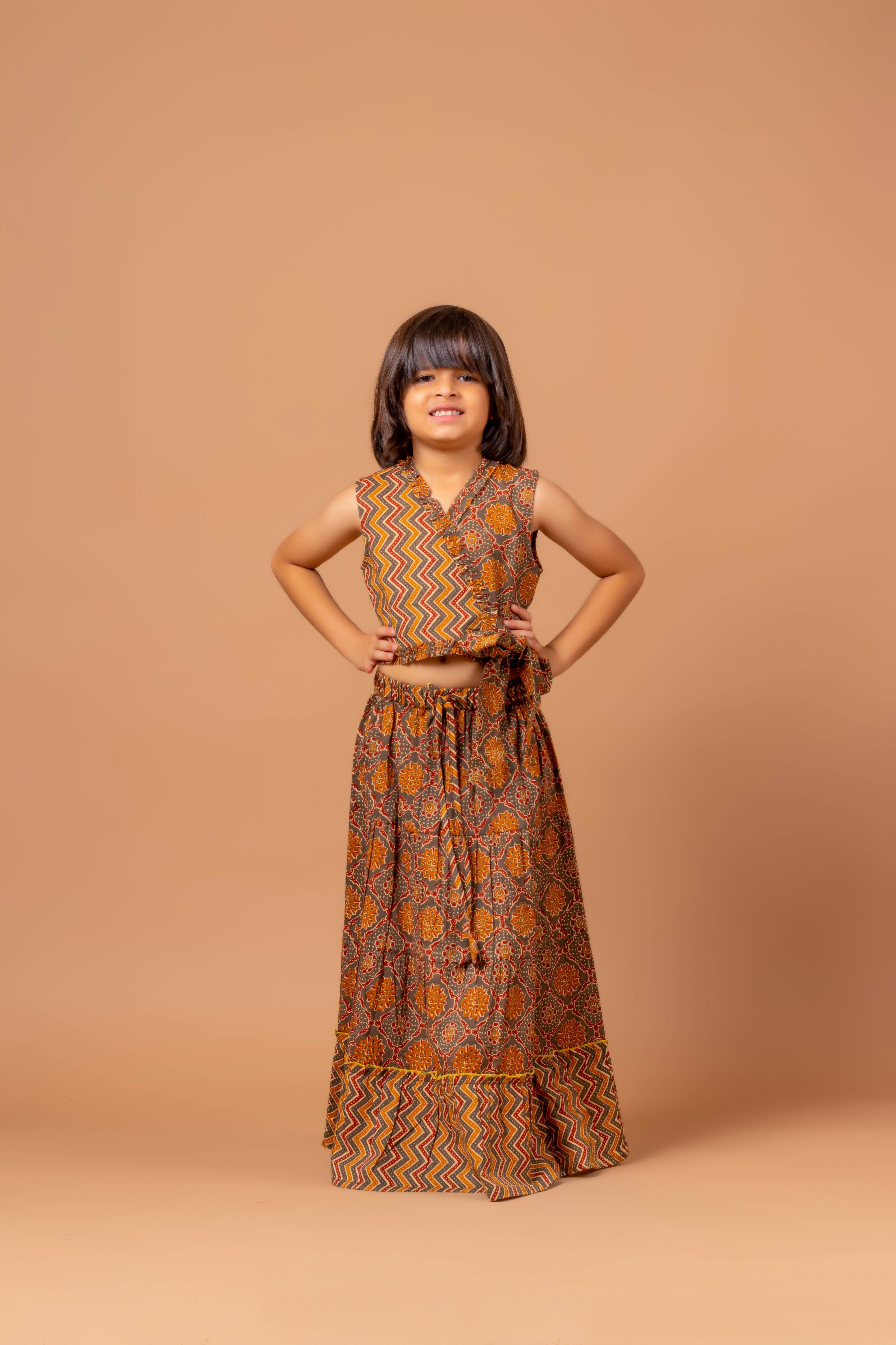 Girls Lehenga choli set Garima Ajrakh Brown
