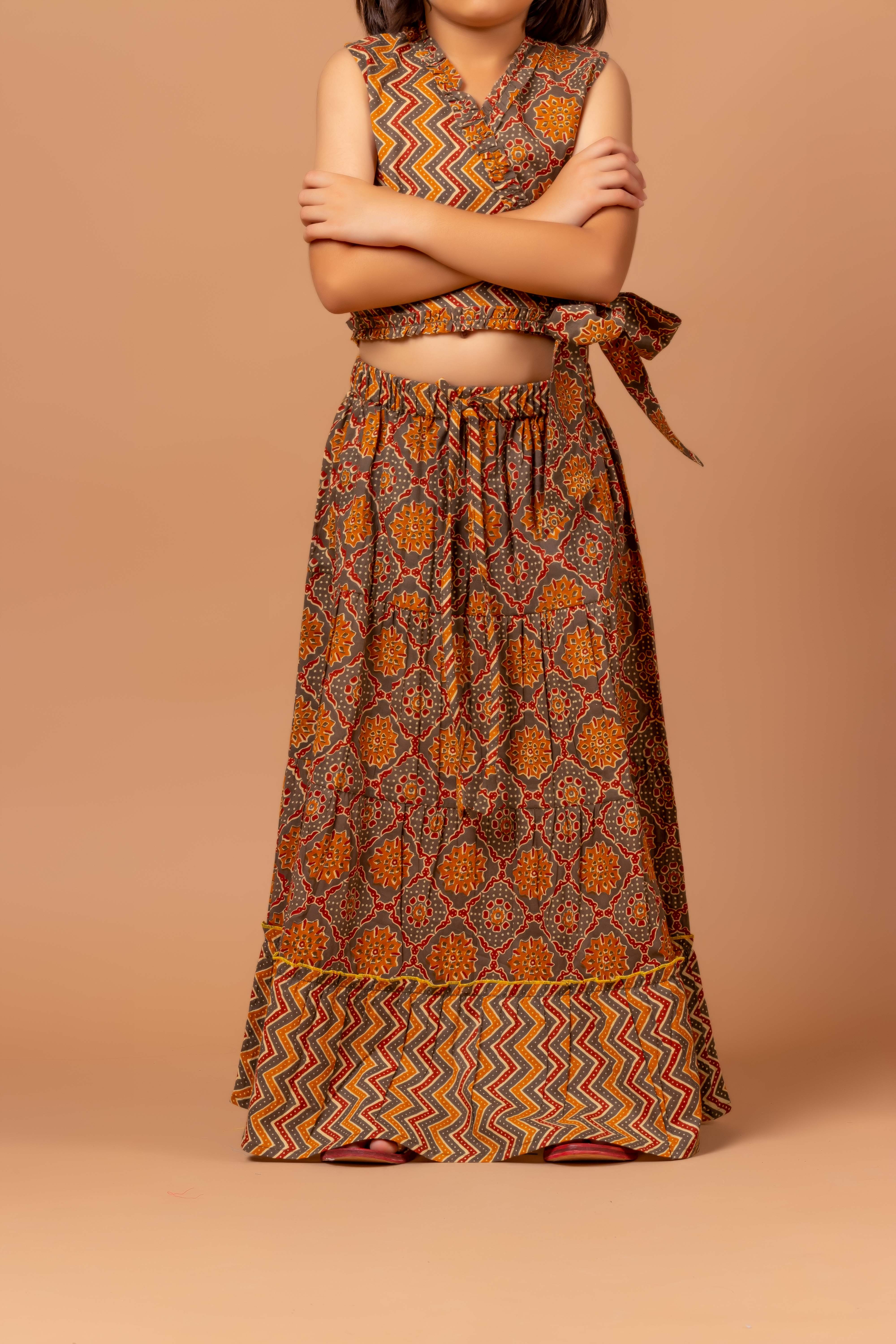 Girls Lehenga choli set Garima Ajrakh Brown