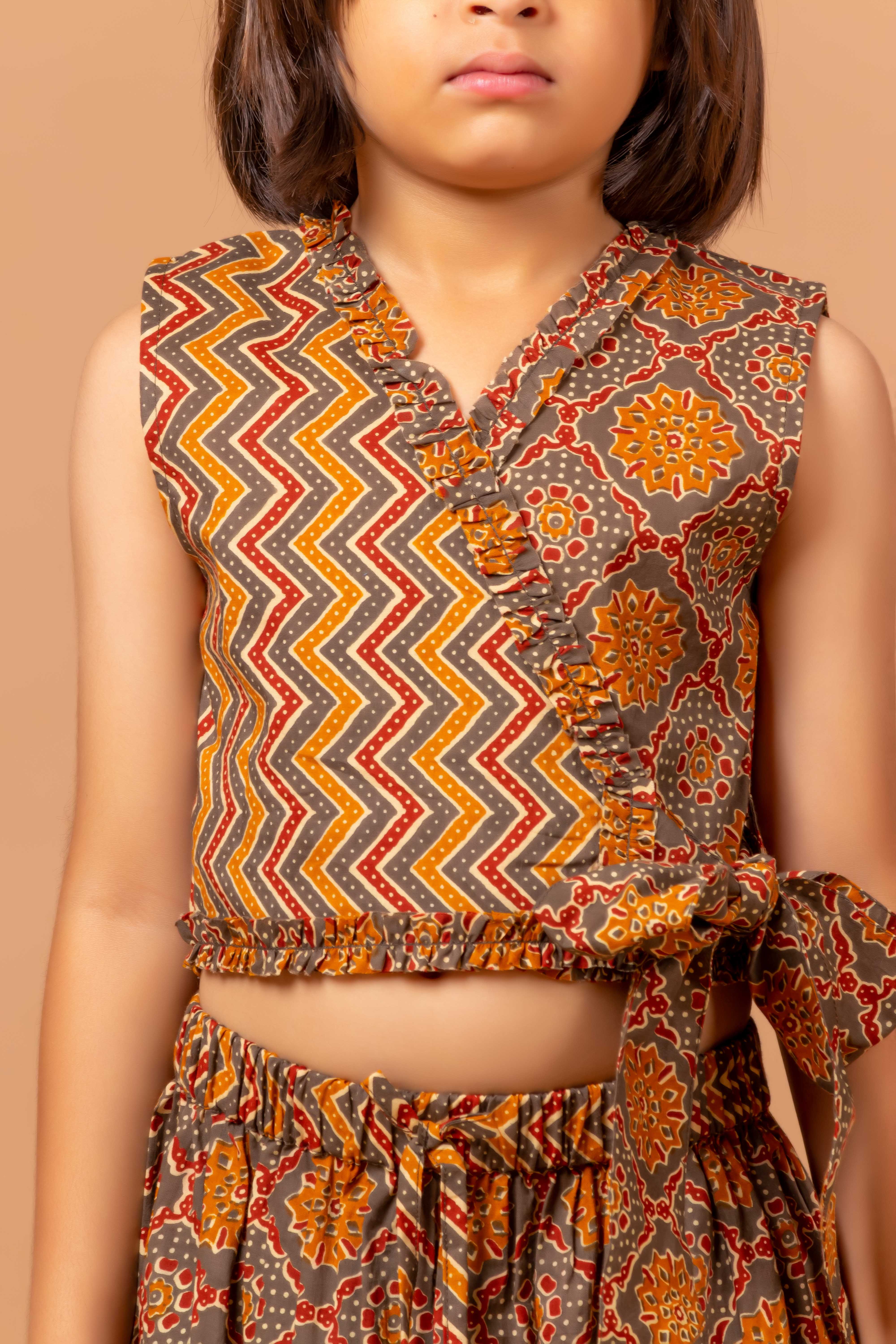 Girls Lehenga choli set Garima Ajrakh Brown