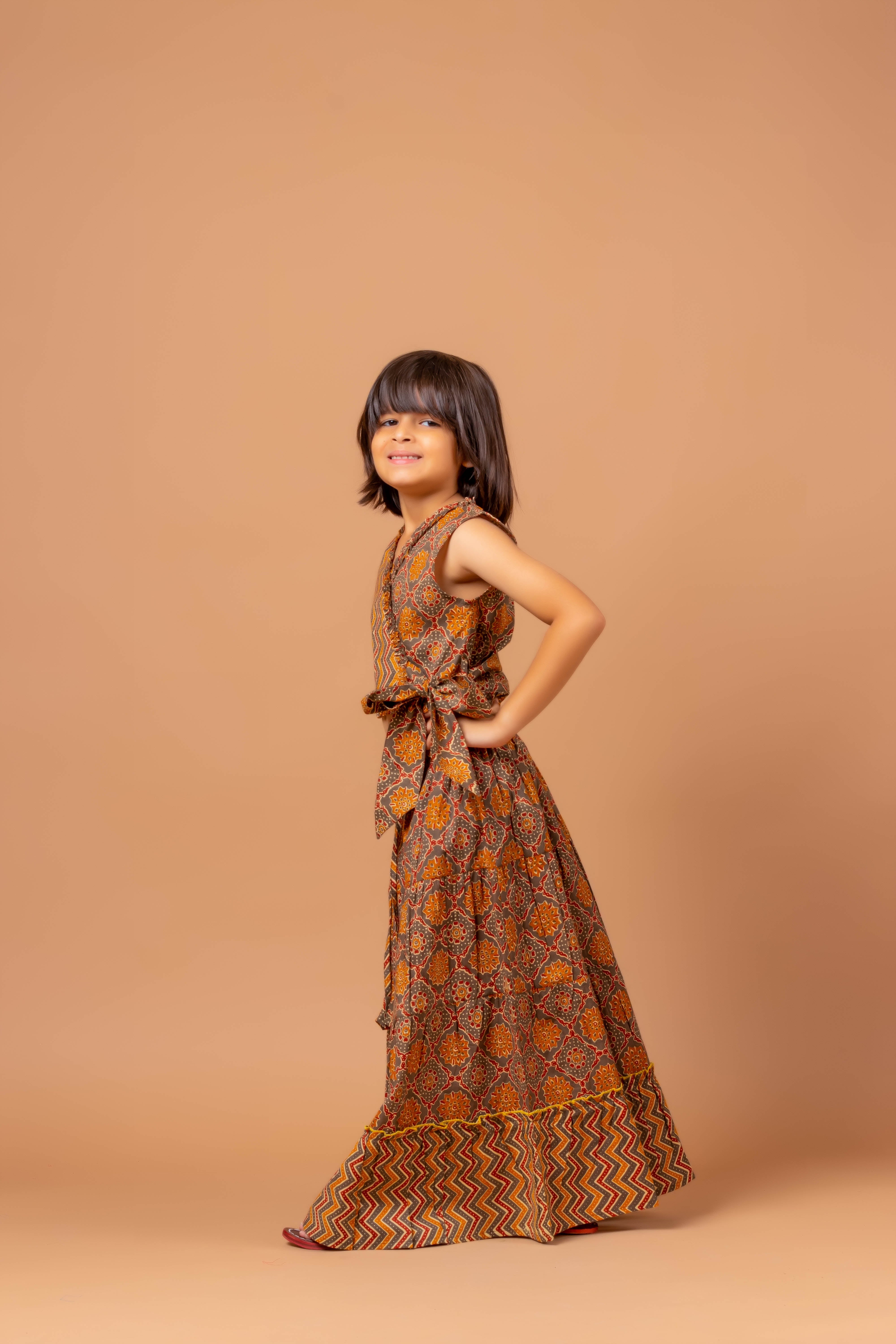 Girls Lehenga choli set Garima Ajrakh Brown