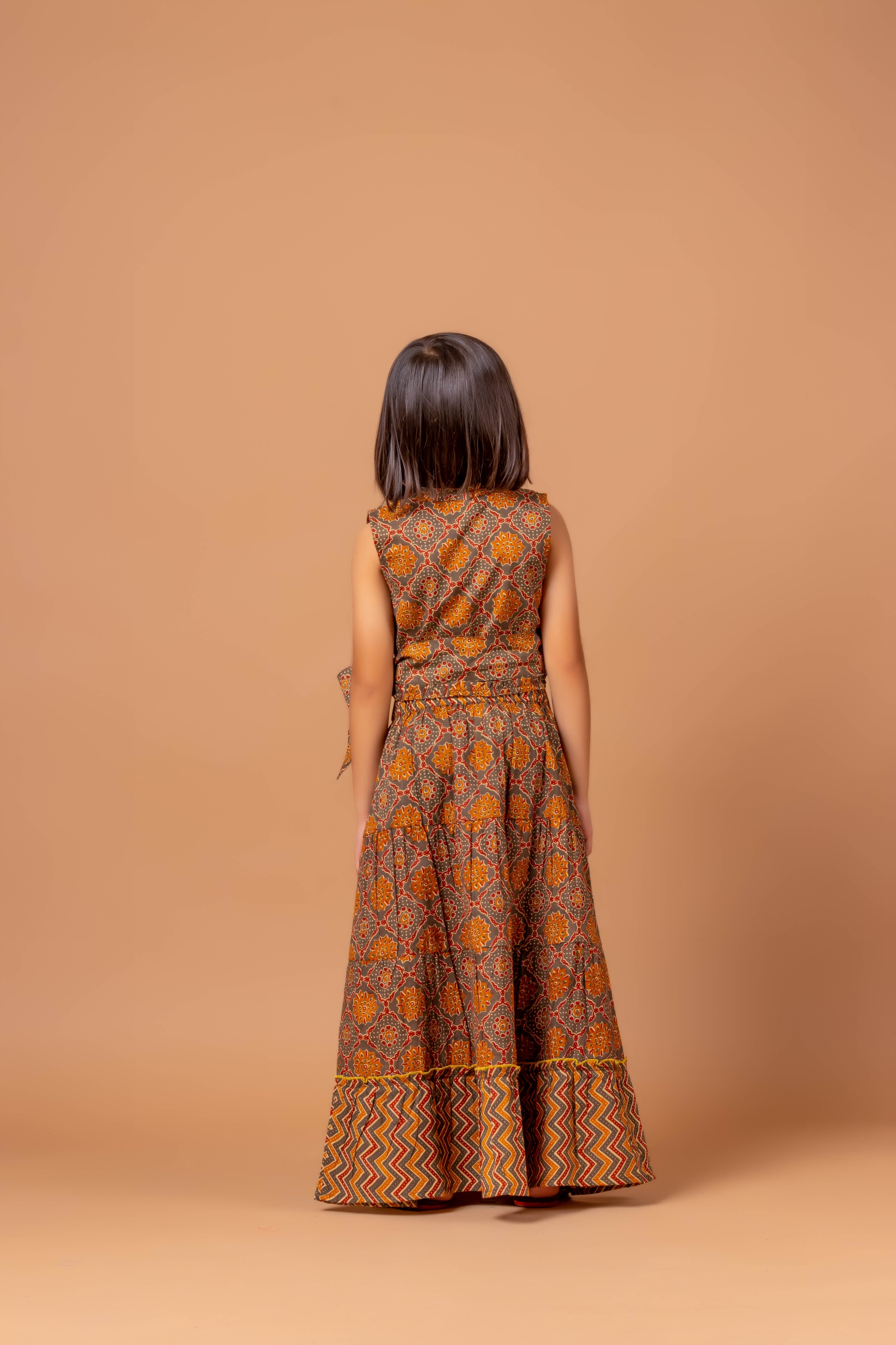 Girls Lehenga choli set Garima Ajrakh Brown