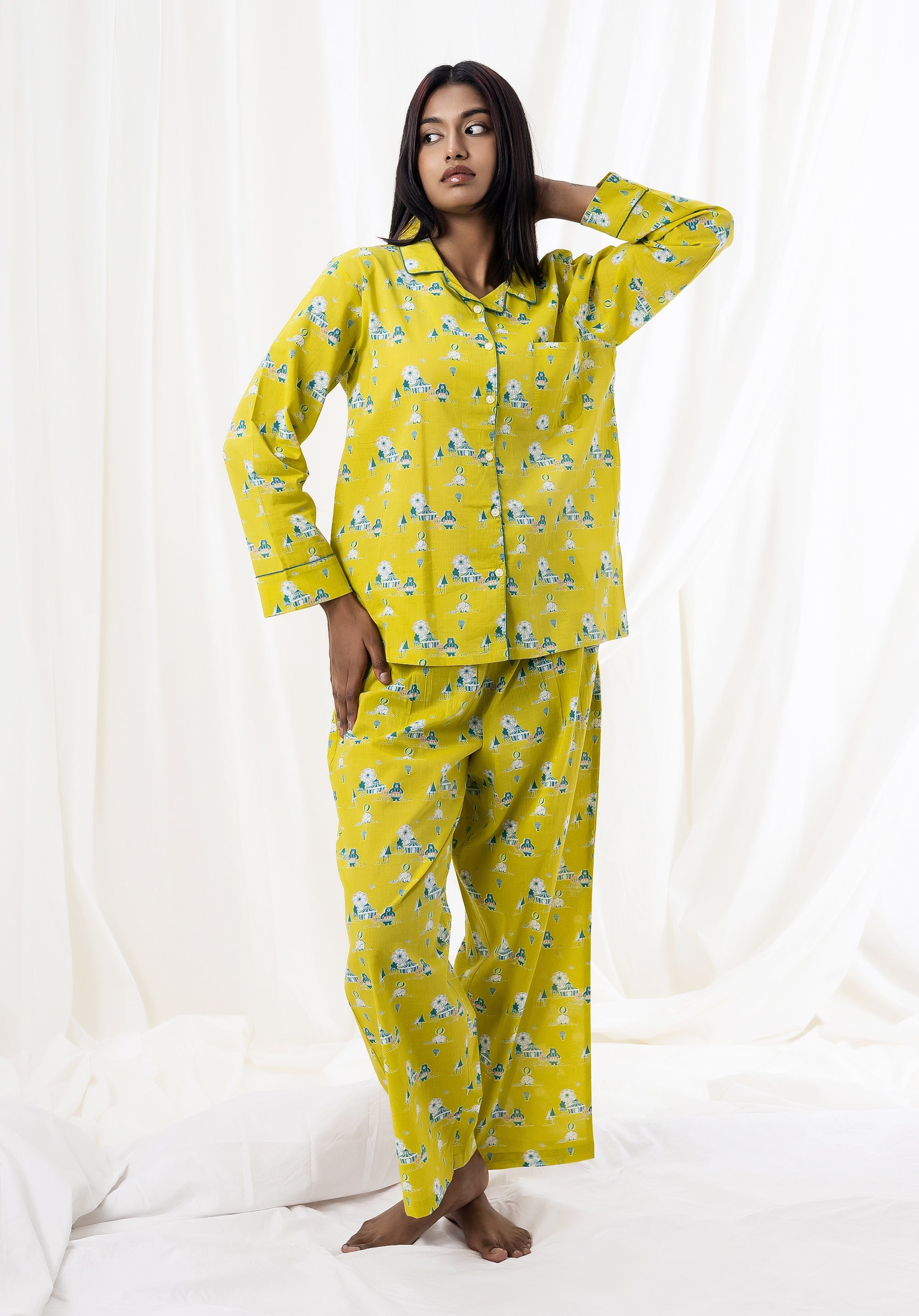 Premium cotton Women Nightsuit Lime Yellow Circus