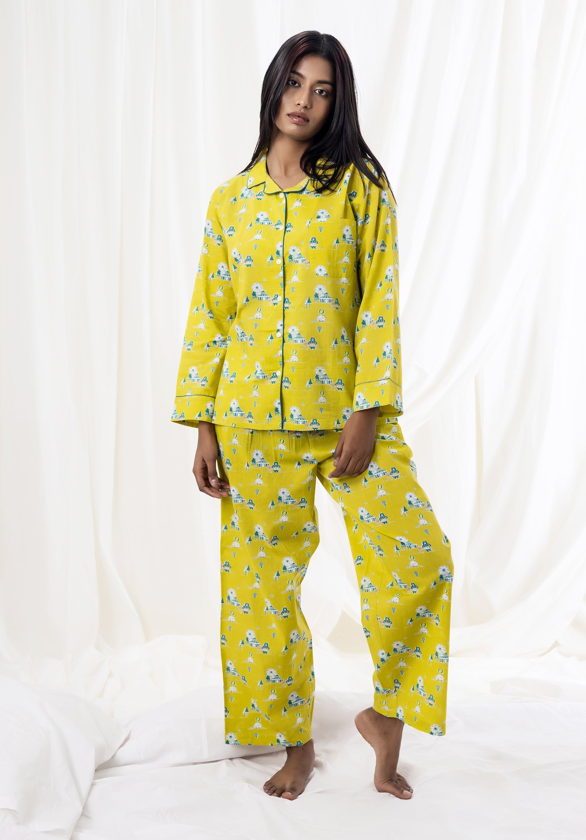 Premium cotton Women Nightsuit Lime Yellow Circus