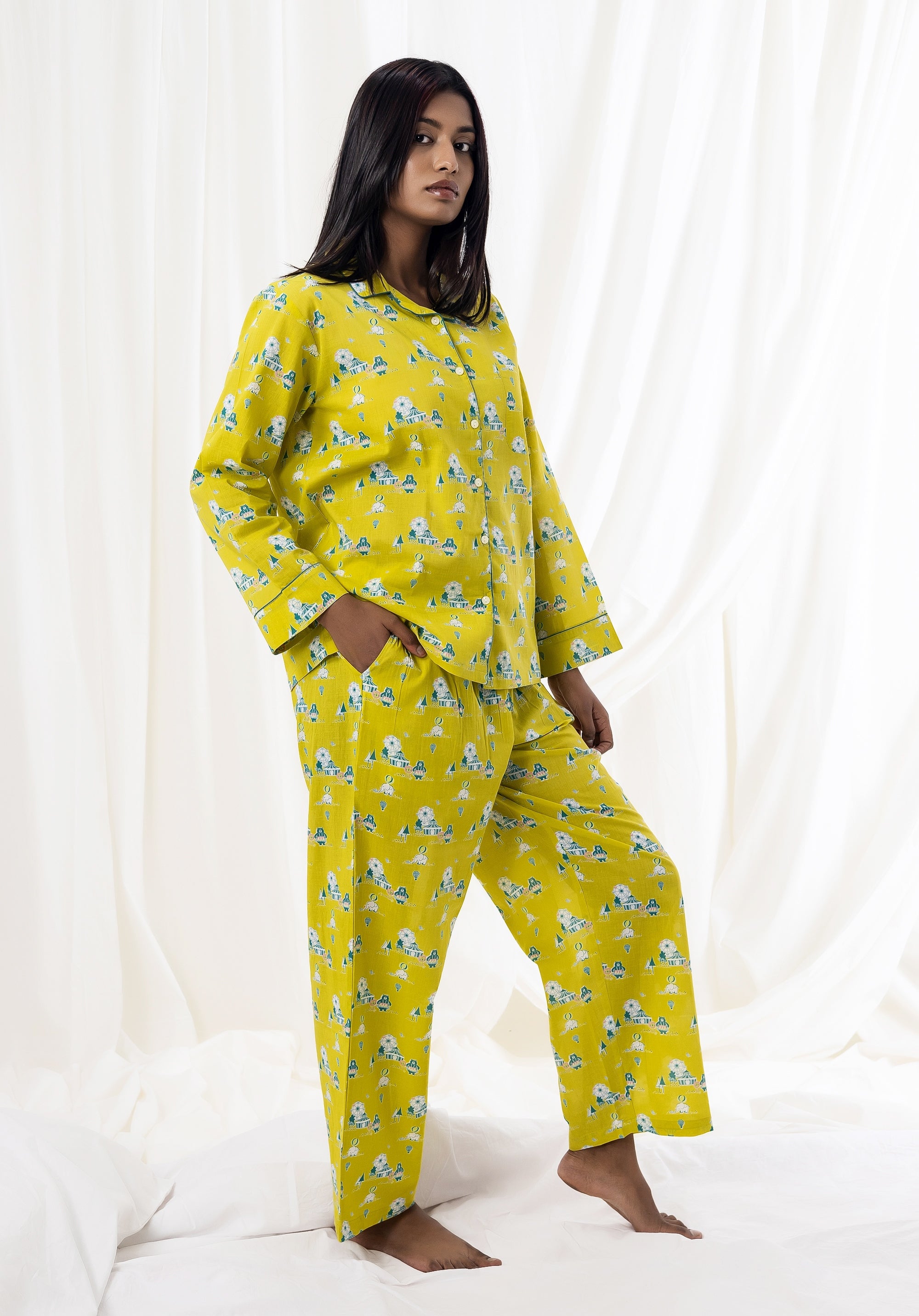 Premium cotton Women Nightsuit Lime Yellow Circus