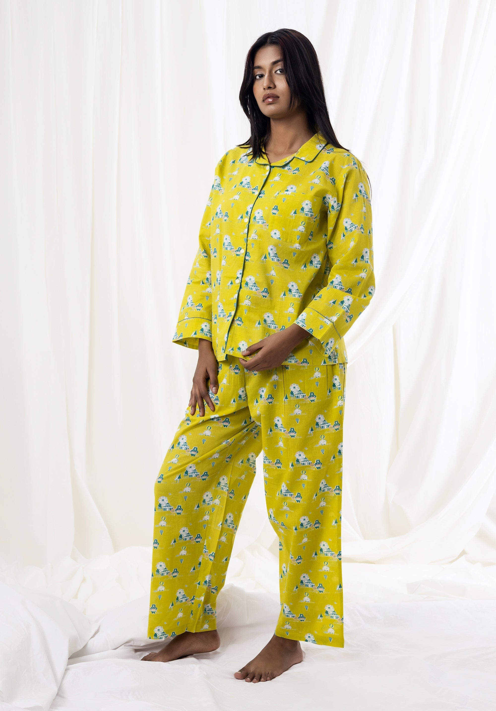 Premium cotton Women Nightsuit Lime Yellow Circus