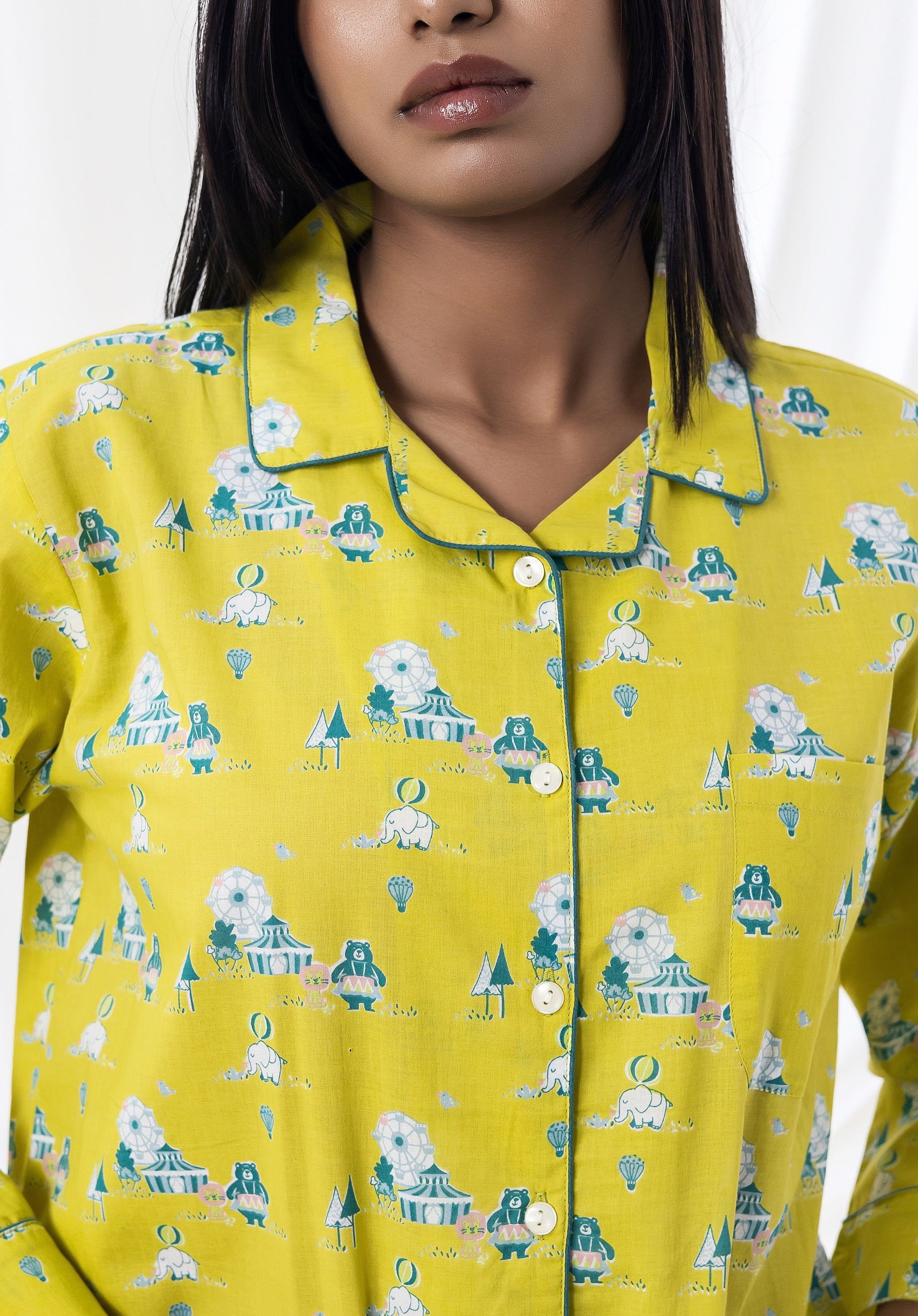 Premium cotton Women Nightsuit Lime Yellow Circus