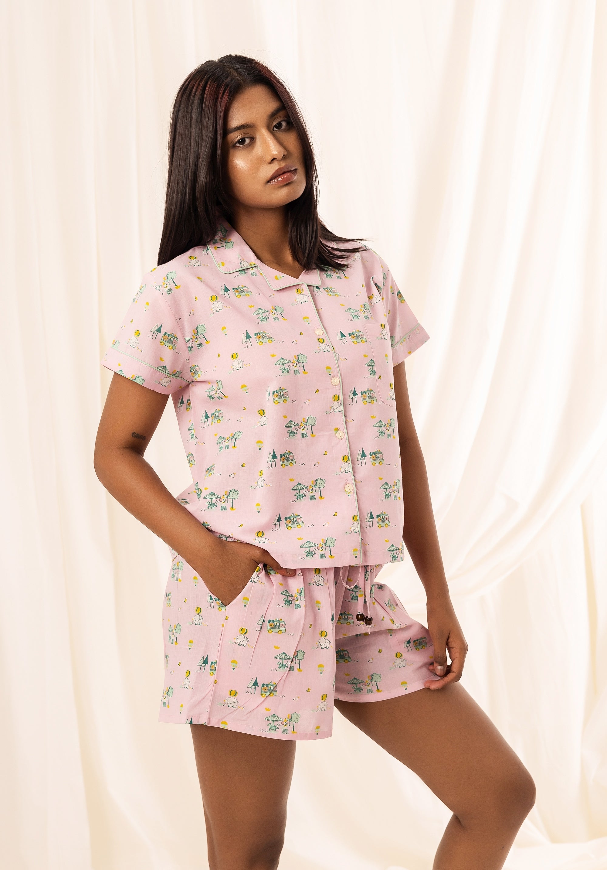 Premium cotton Women Nightsuit Shorts pink Circus