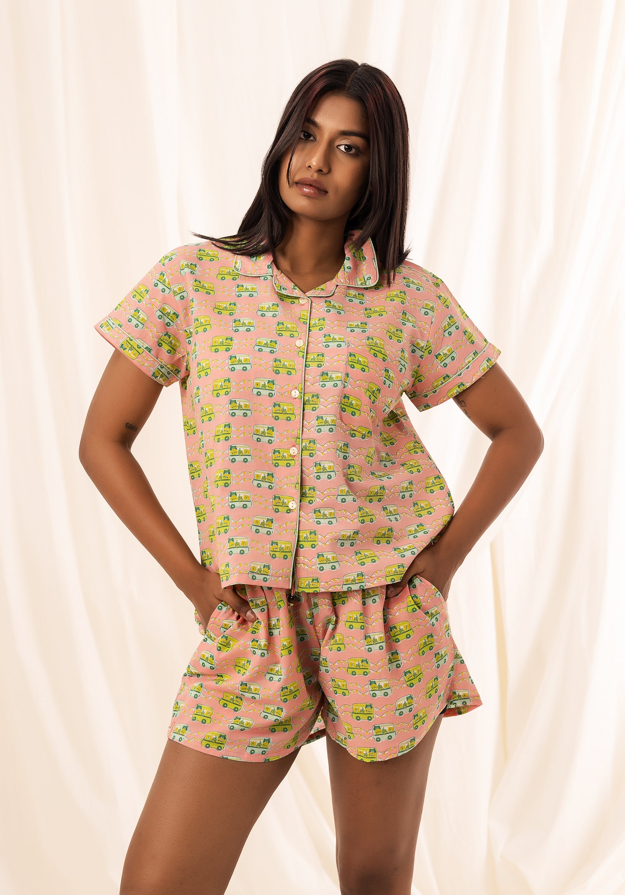 Premium cotton Women Nightsuit Shorts Bus Pink