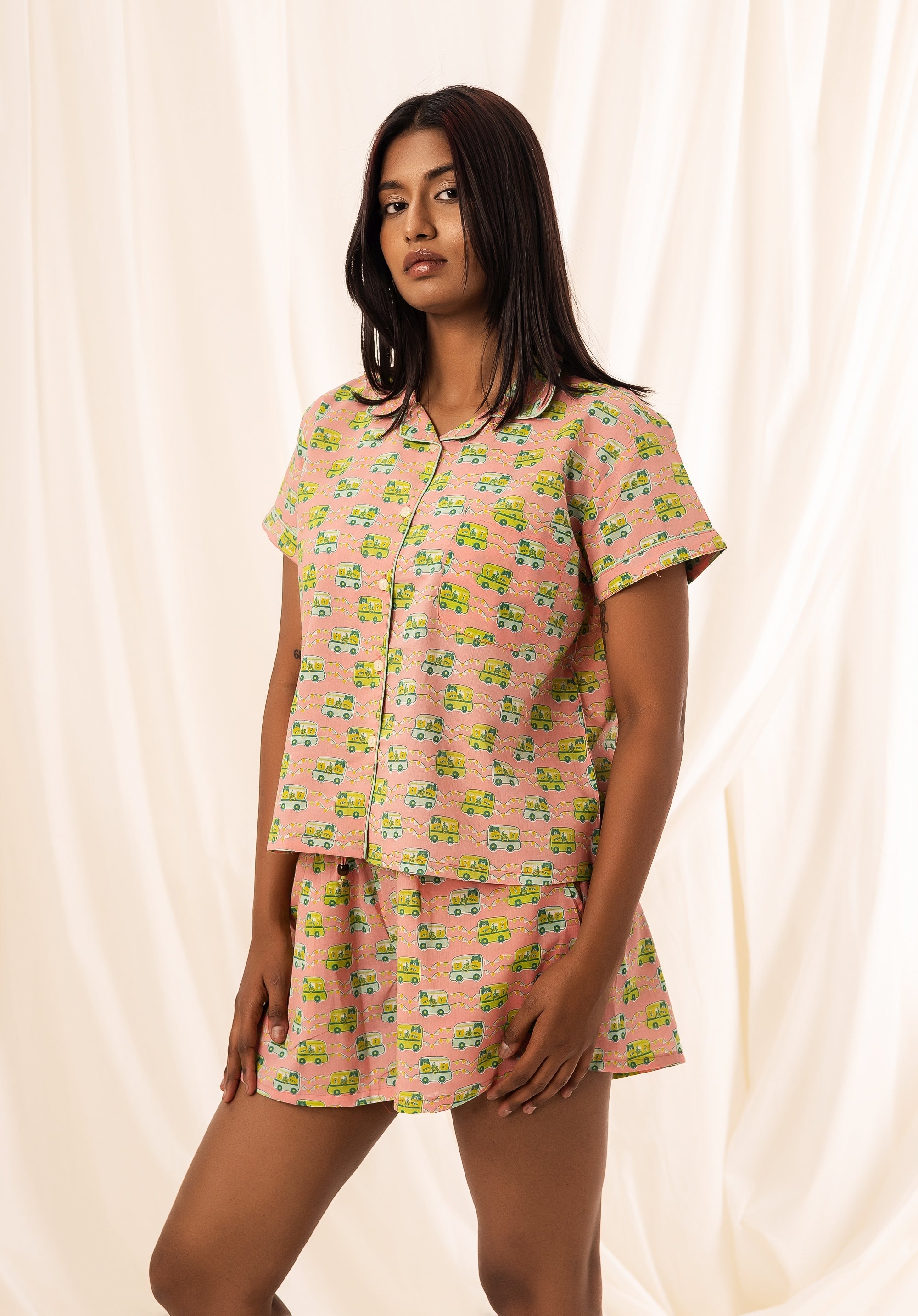 Premium cotton Women Nightsuit Shorts Bus Pink