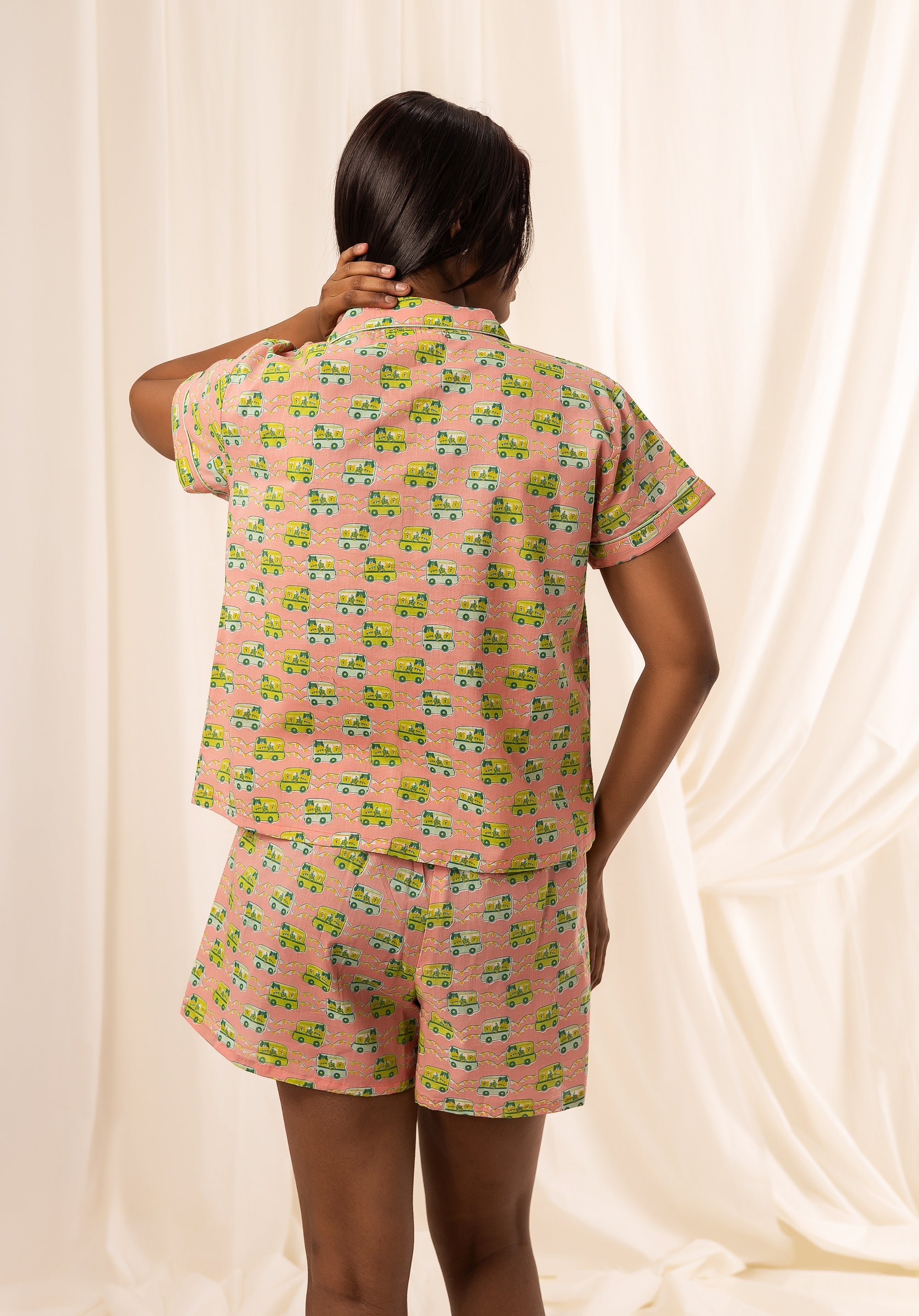 Premium cotton Women Nightsuit Shorts Bus Pink