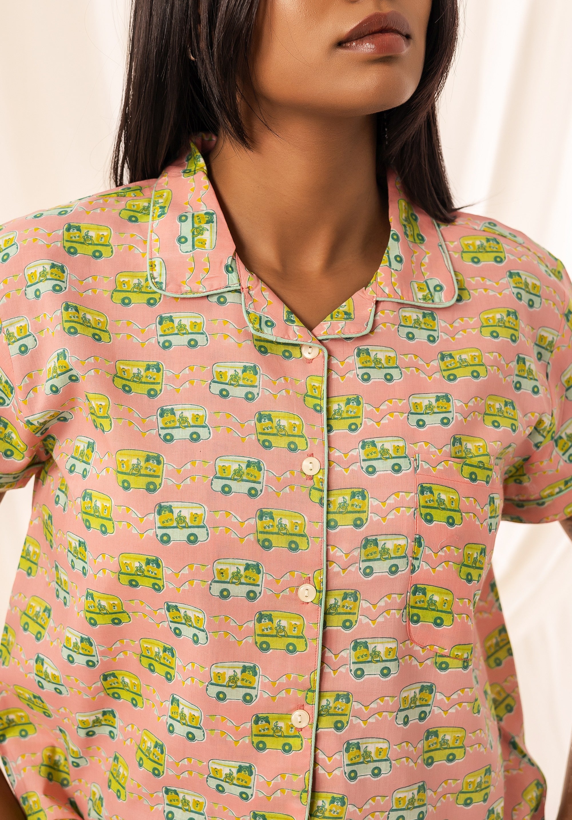 Premium cotton Women Nightsuit Shorts Bus Pink