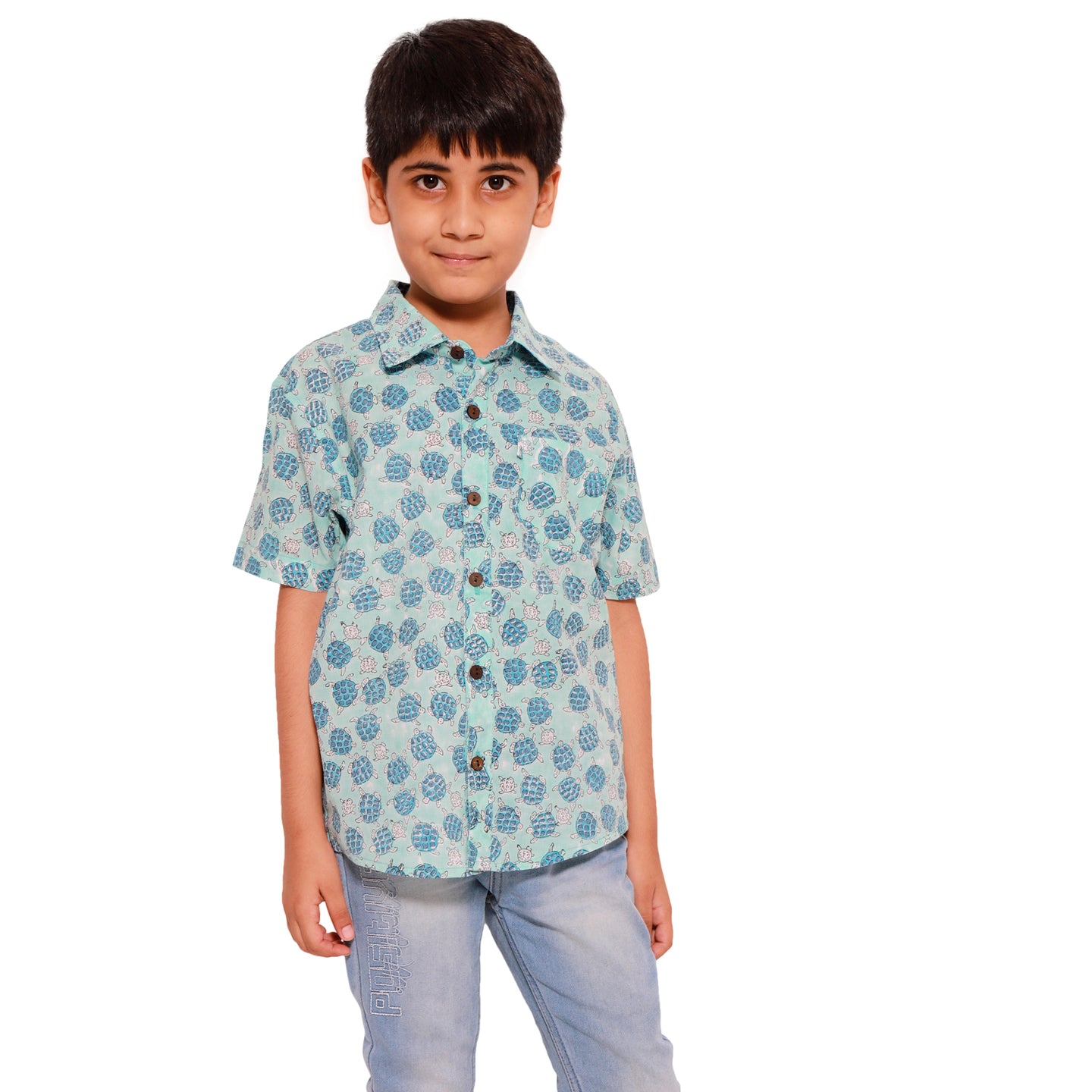 Block Printed Boy's Shirt Sea Turtle Print Blue