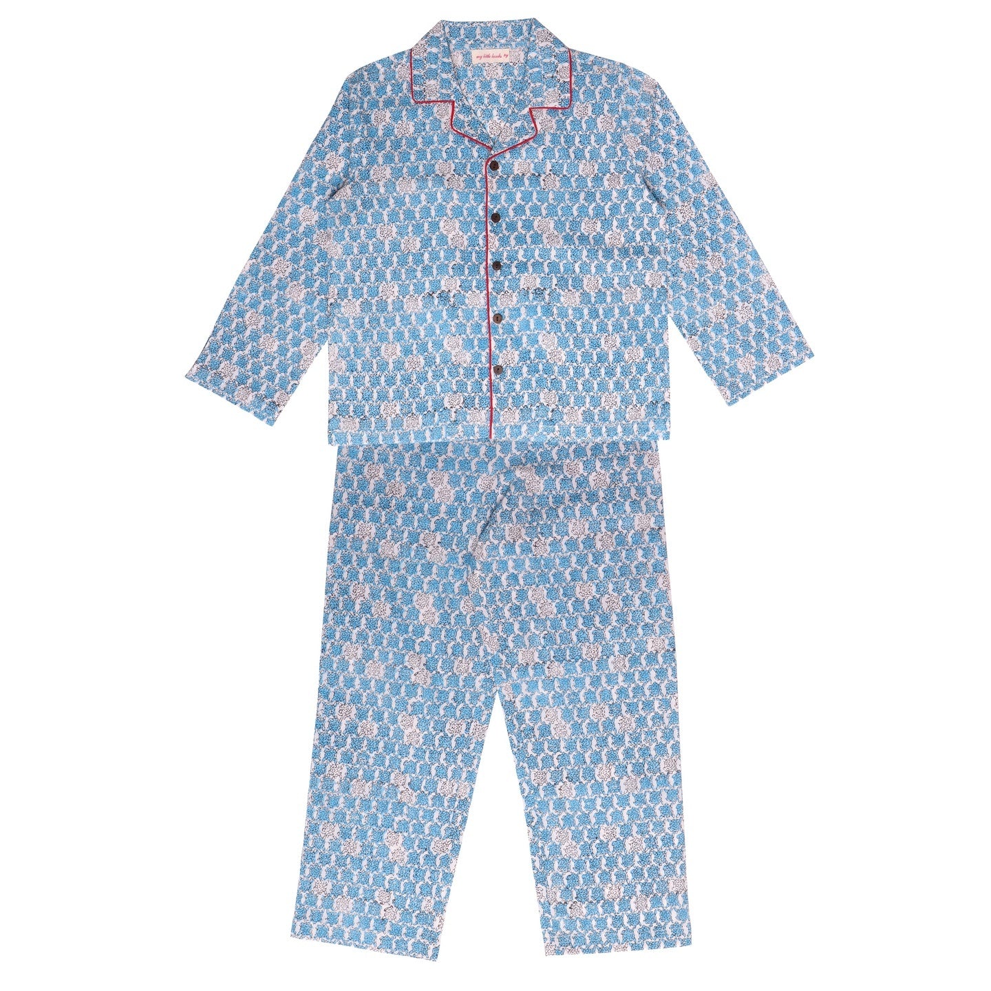 Block Printed Unisex Night Suit Set Tortoise Blue
