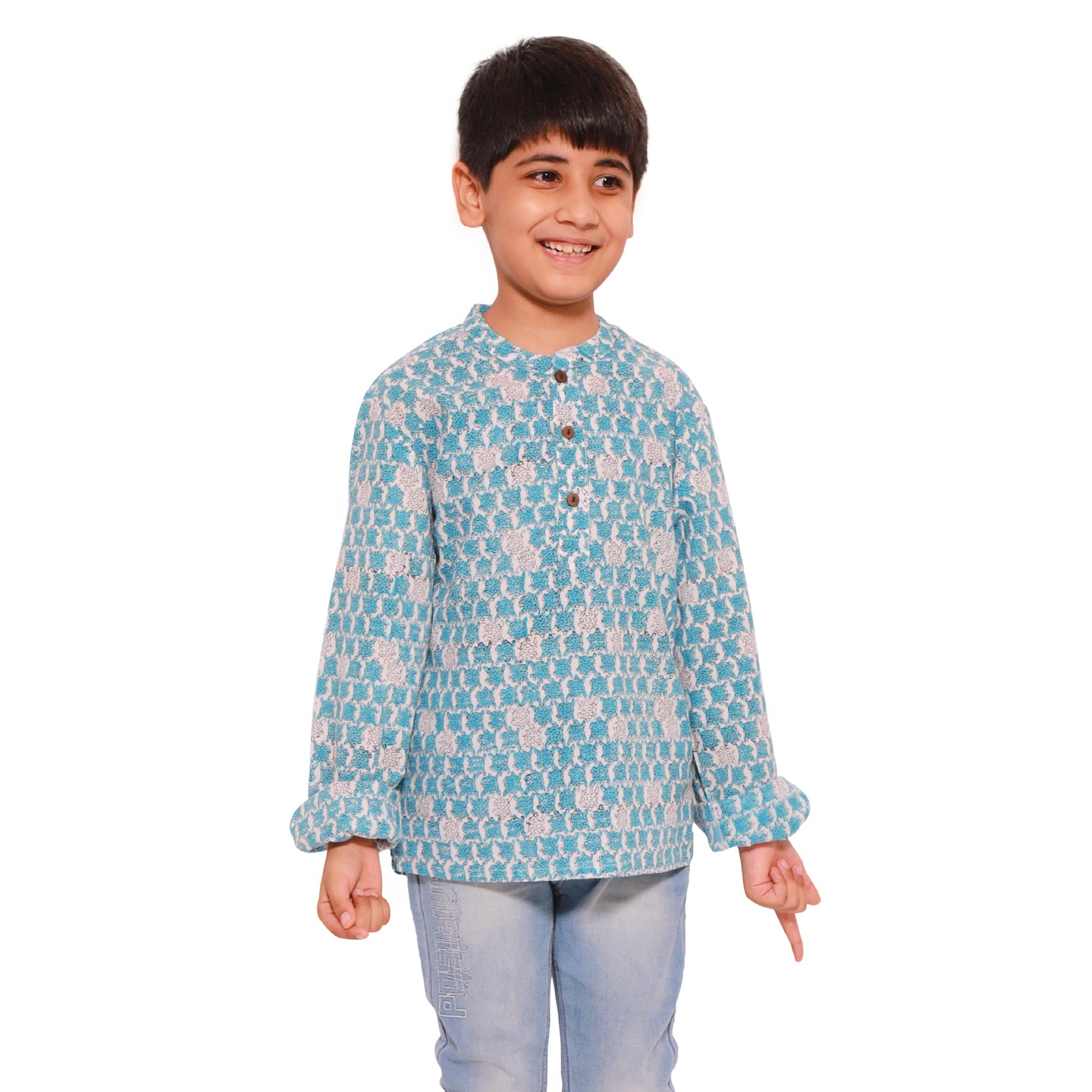 Block Printed Boy's Kurta Shirt Tortoise Blue