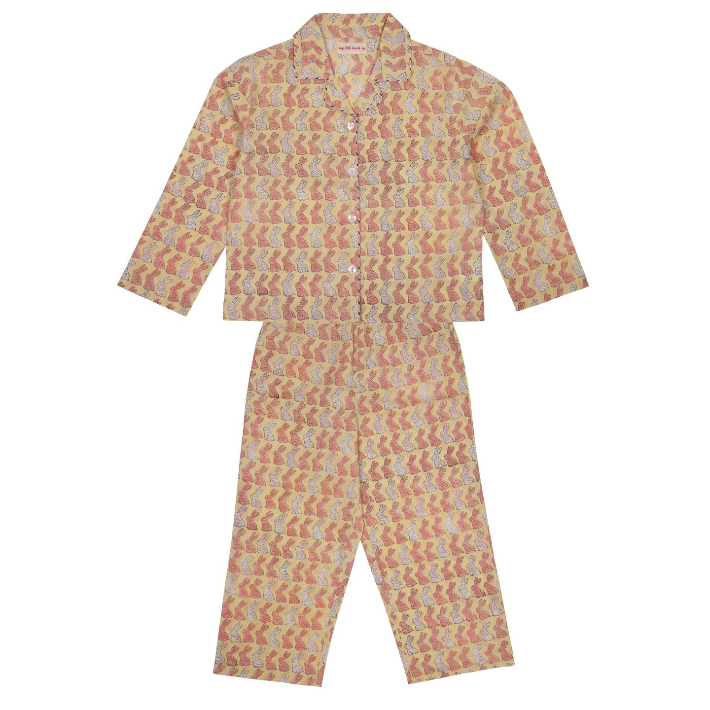 Block Printed Unisex Night Suit Set Bunny Yellow