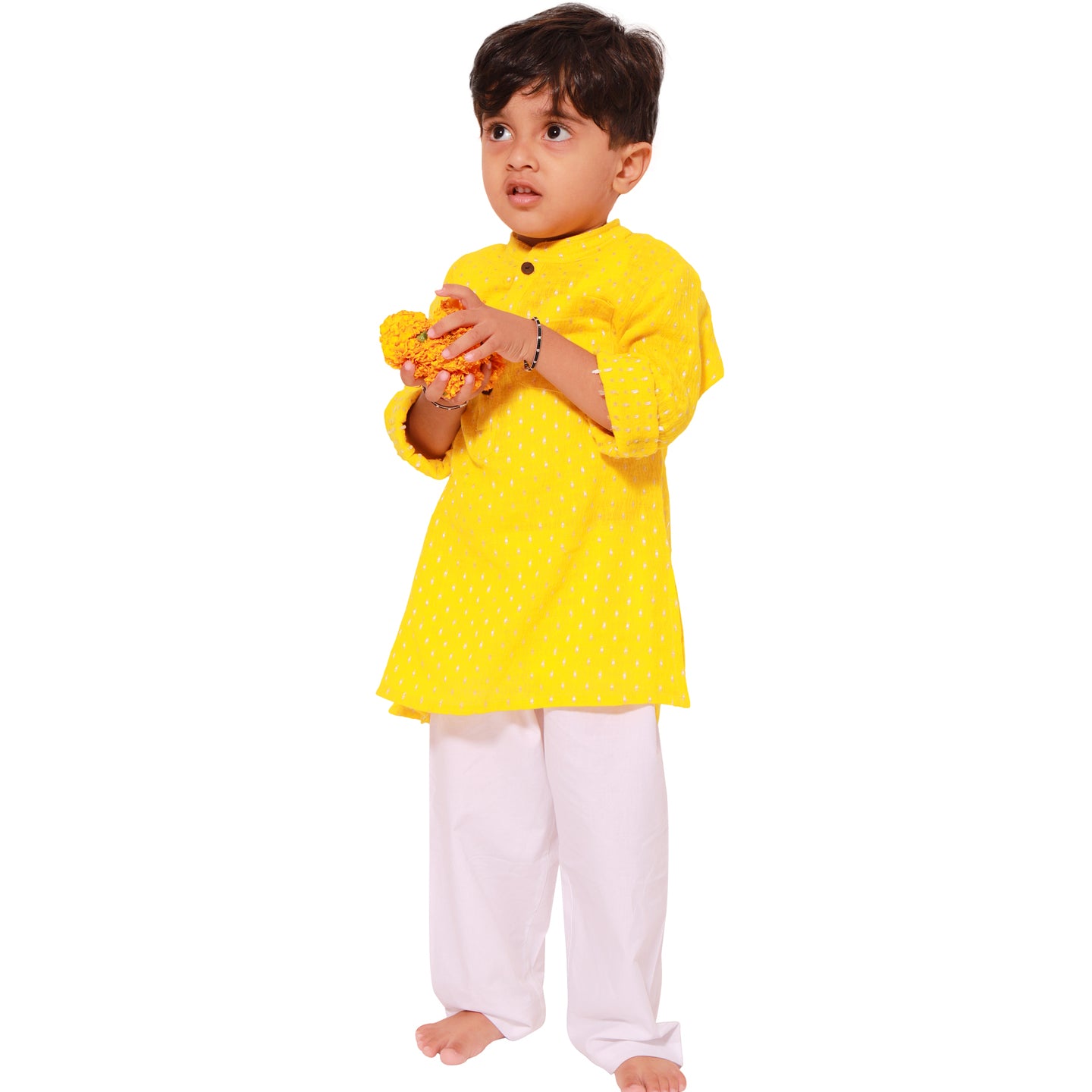 Yellow Jacquard Dobby Boy's Kurta PJ Set