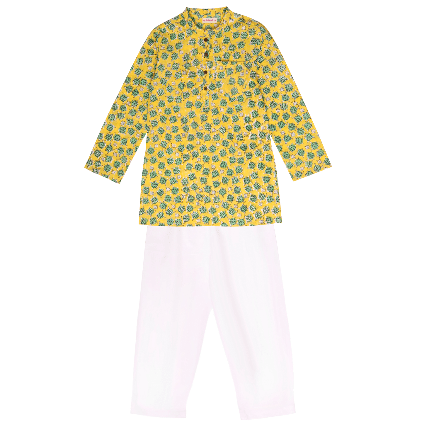 Block Printed Boy's Kurta Set Sea Turtle Print Yellow