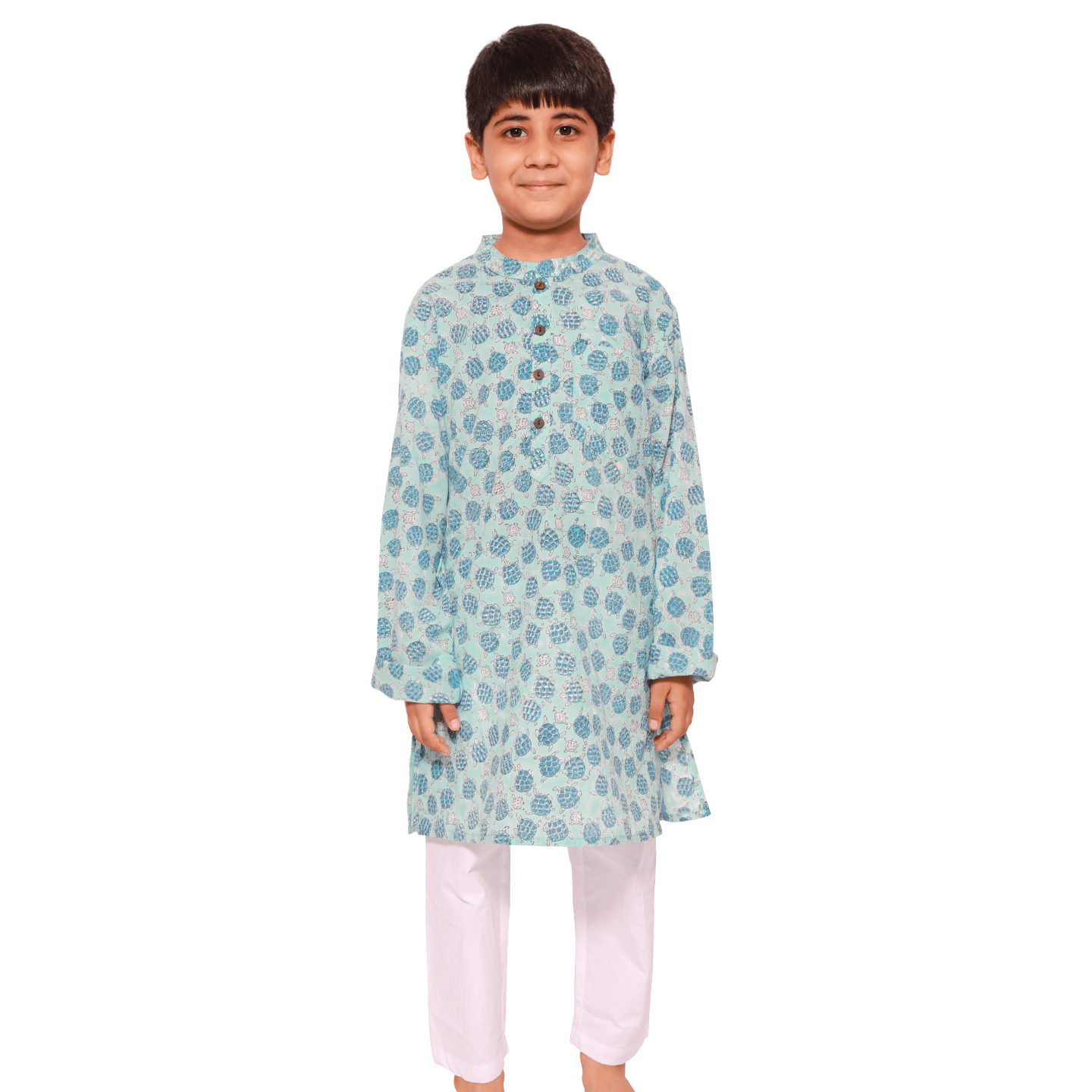 Block Printed Boy's Kurta Set Sea Print Turtle Blue