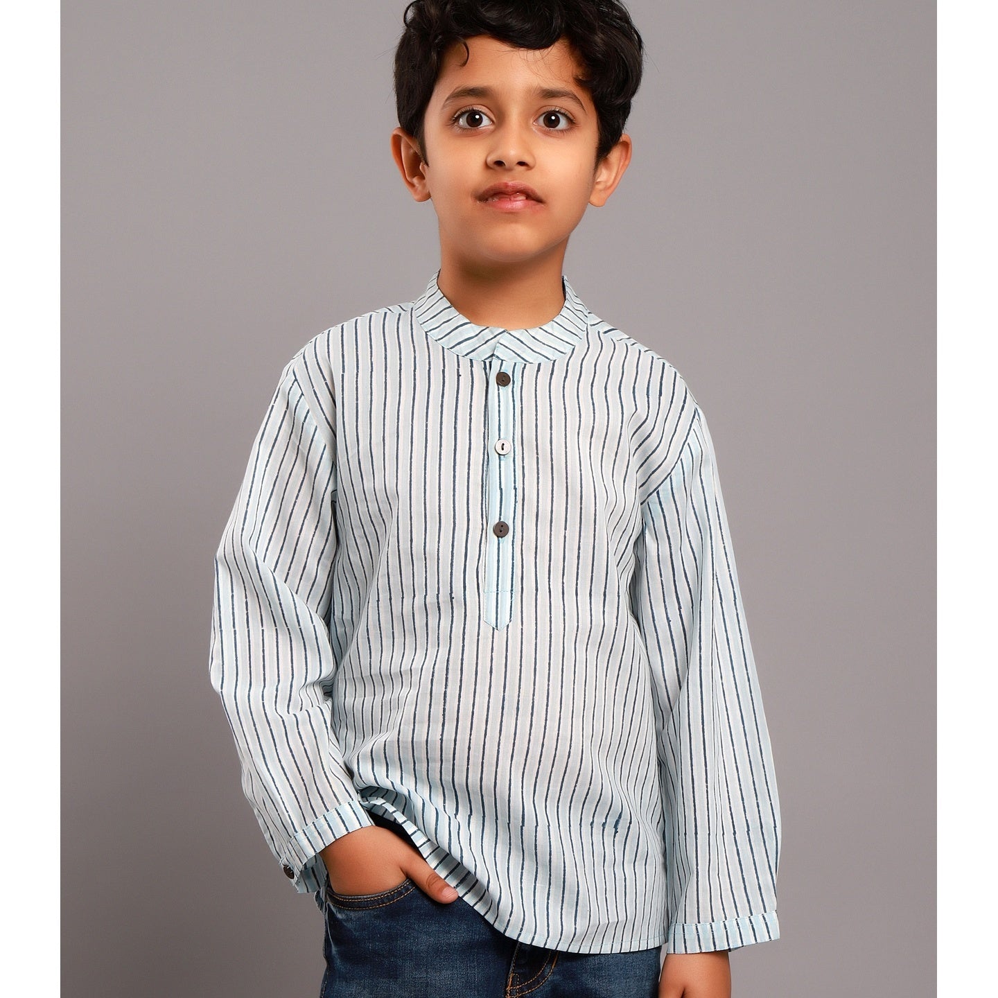 Block printed Boy's Striped Kurta Shirt Blue
