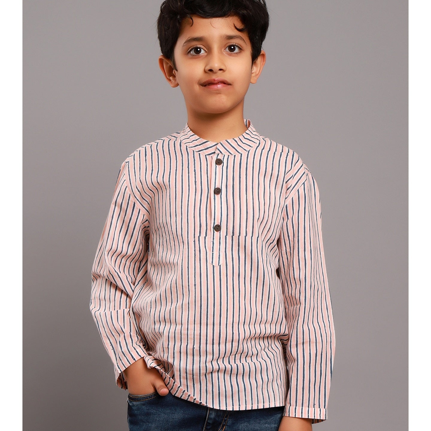 Block printed Boy's Striped Kurta Shirt Pink