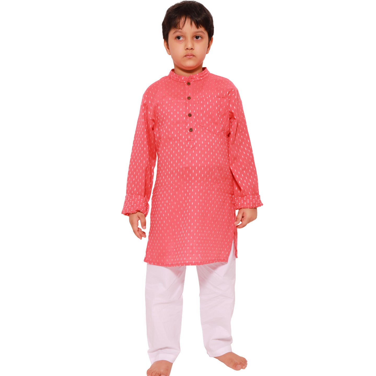 Coral Red Jacquard Dobby Boy's Kurta PJ Set