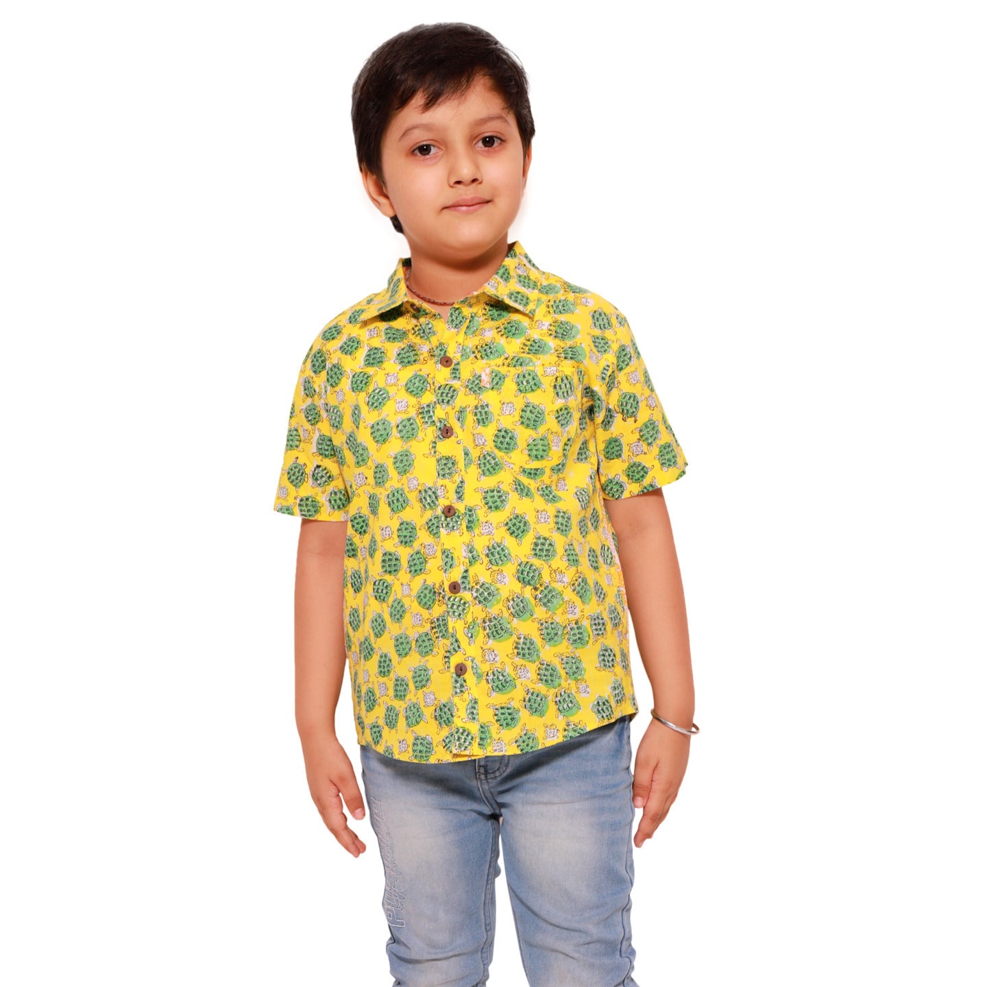 Block Printed Boy's Shirt Sea Turtle Print Yellow