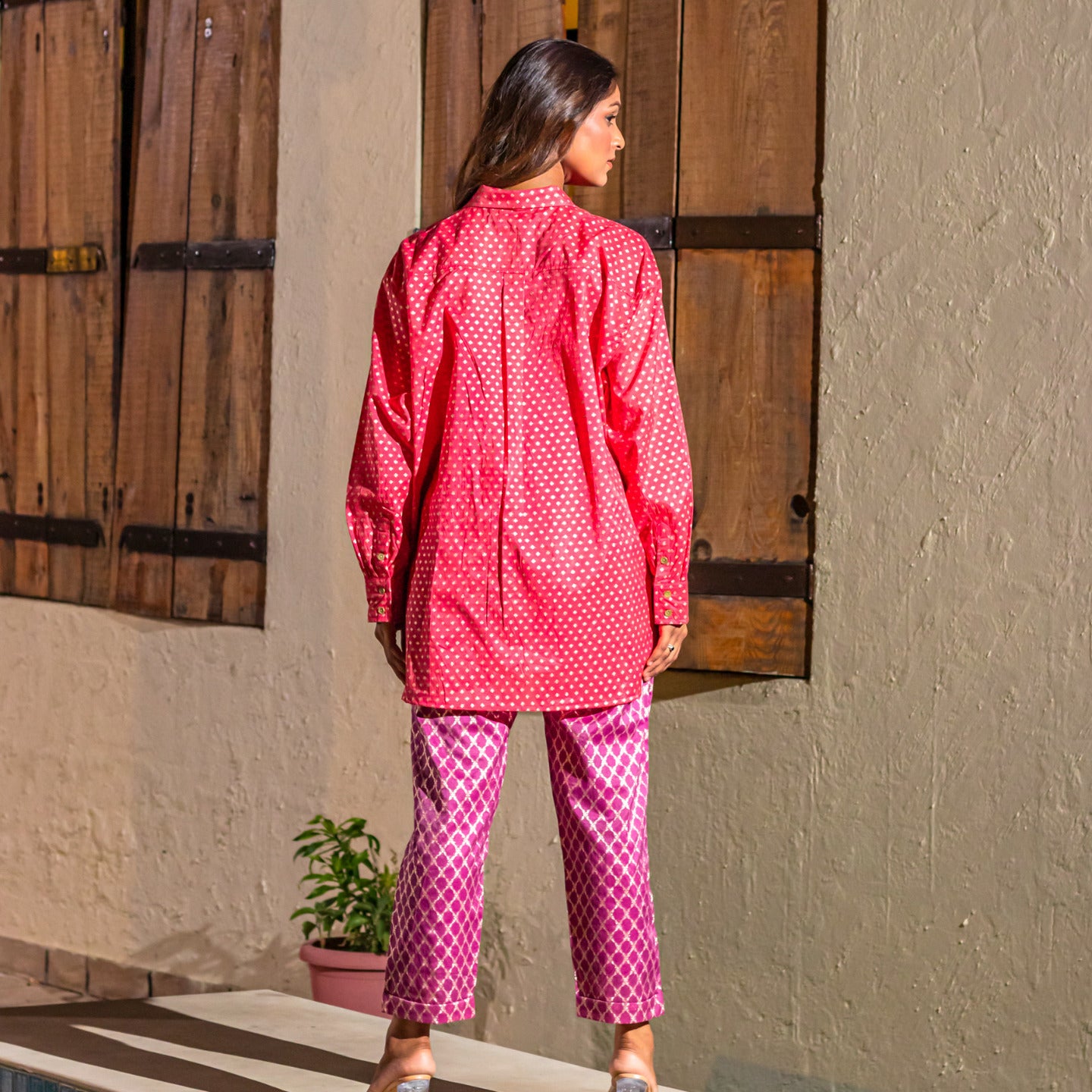 Women Jacquard Chanderi Over sized Shirt Coord Set Pink- Purple