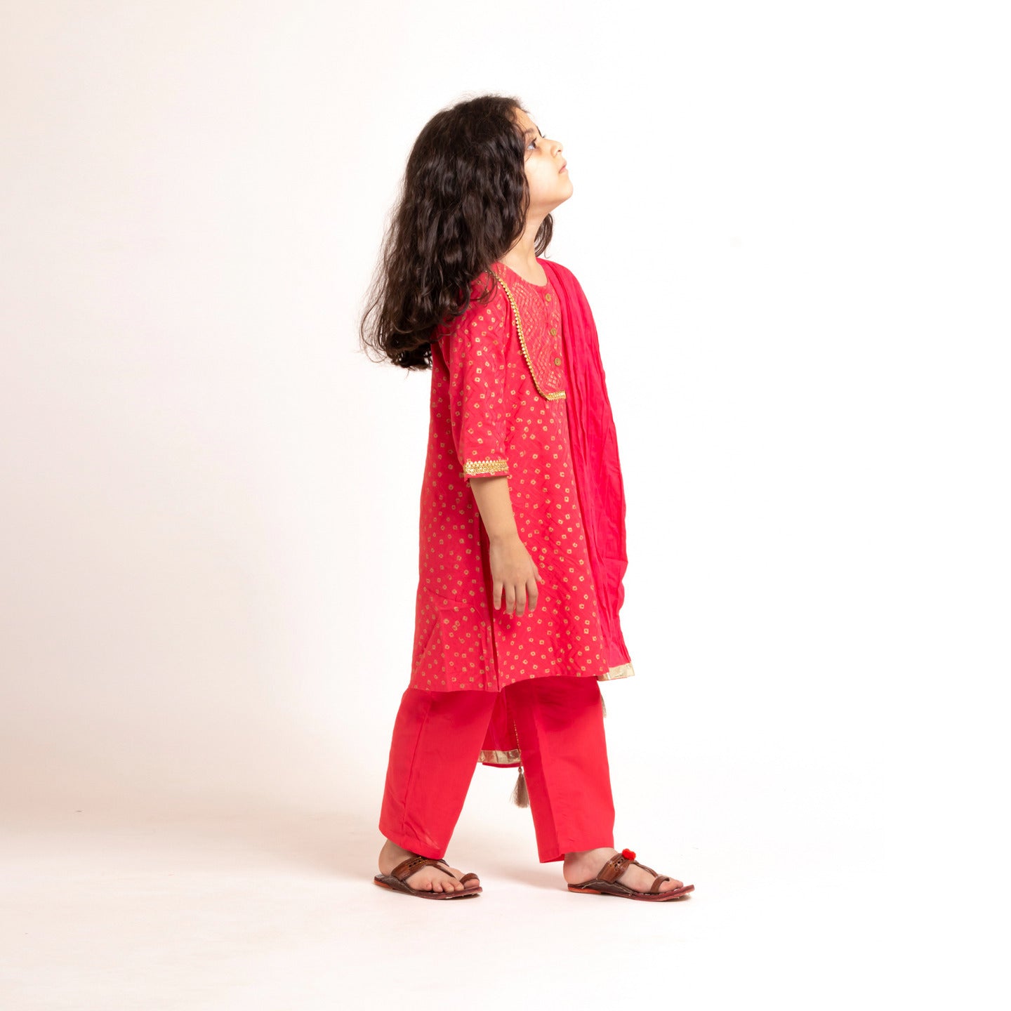 Girls Block Printed Kurta Set Bandhej Coral