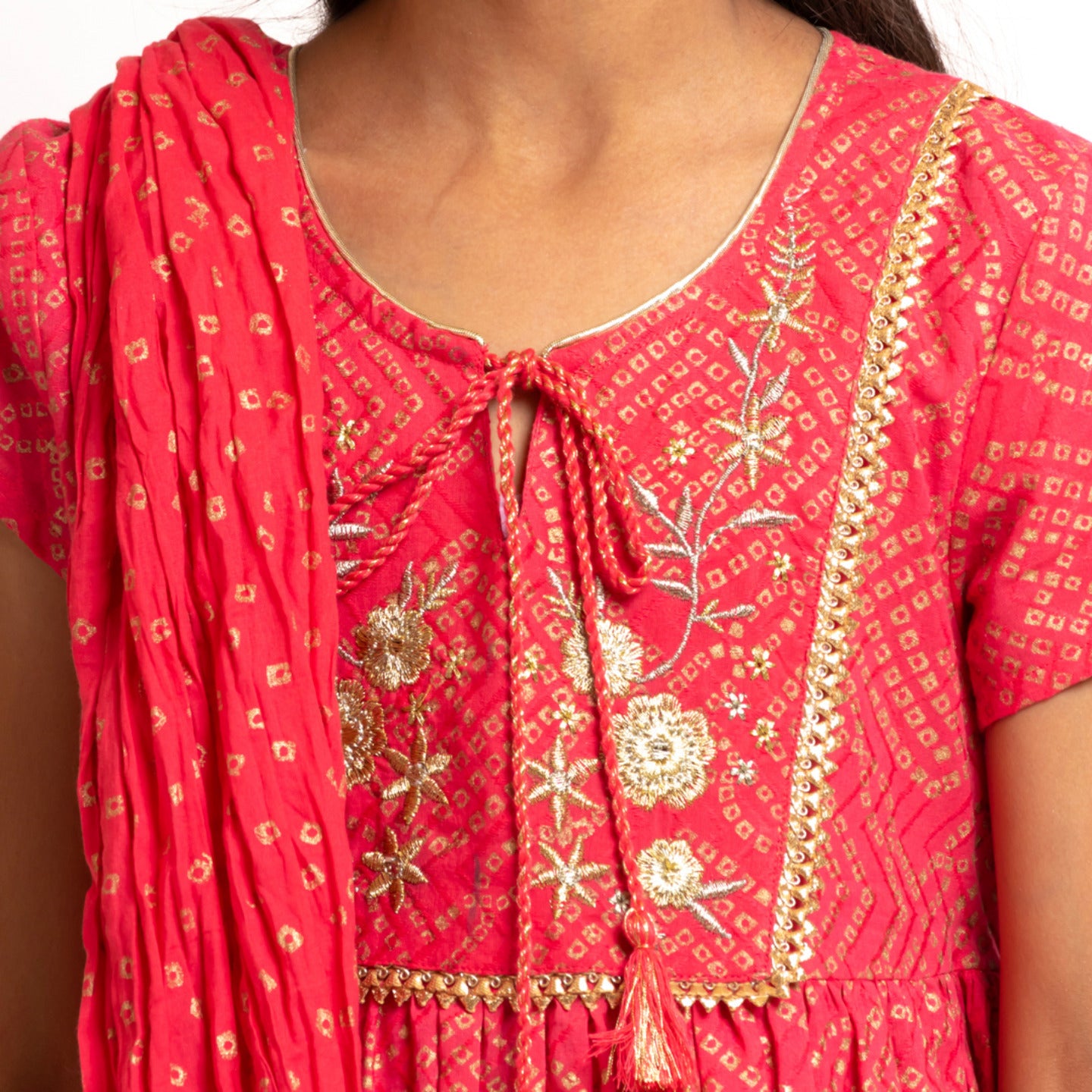 Girl's Block printed Kurta Set Mickey Coral