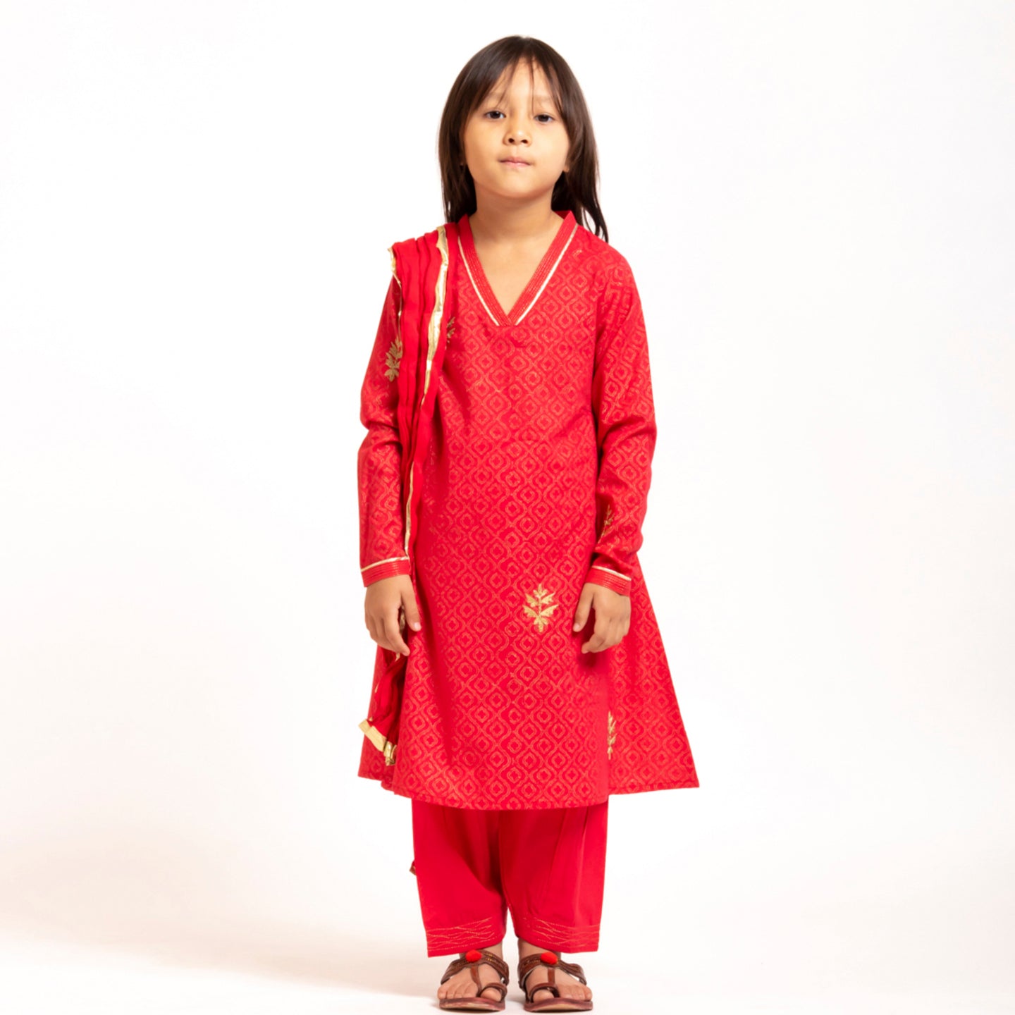 Girl's Block printed Kurta Set Gilda Red
