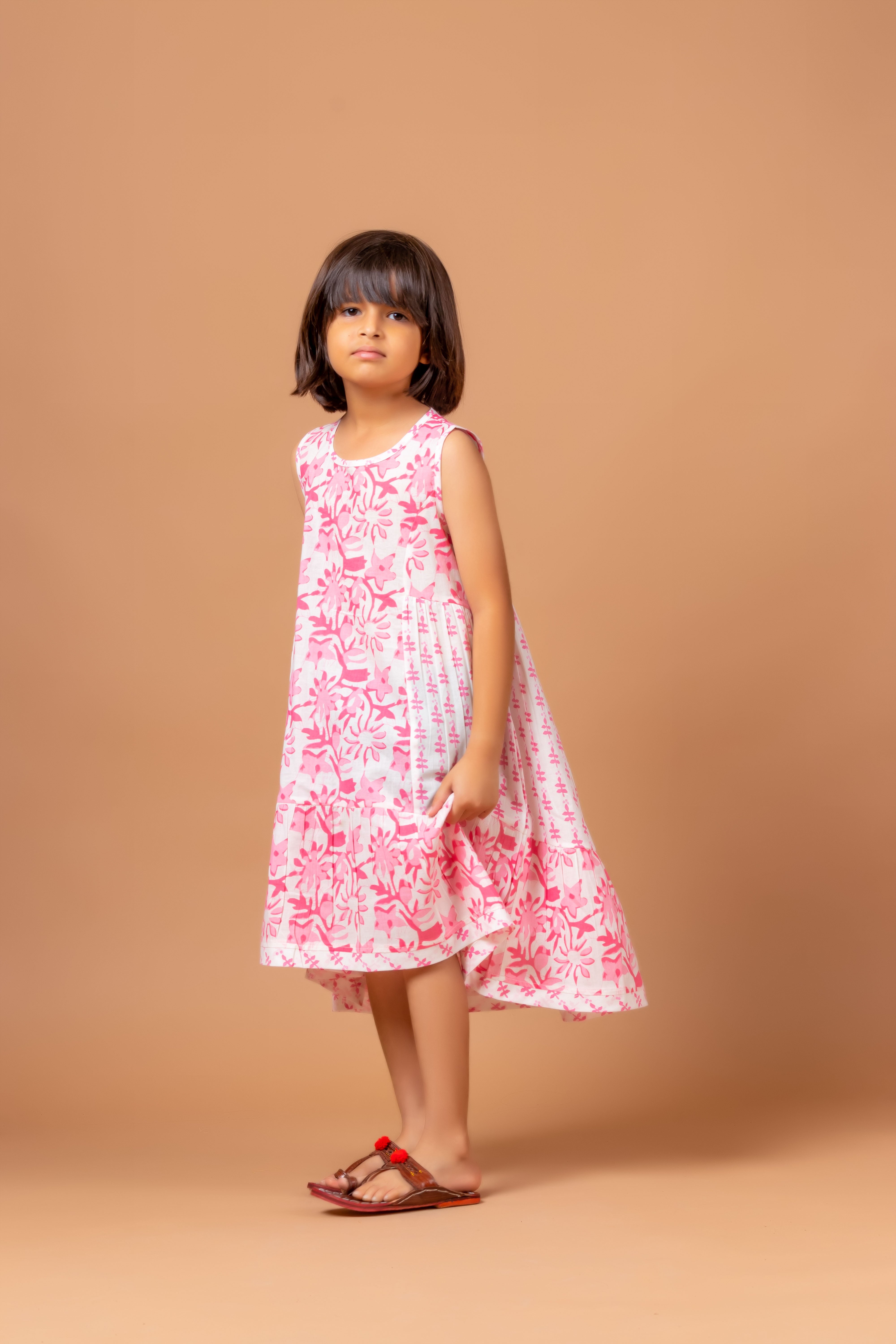Girls Block Printed Dress- Luna Pink