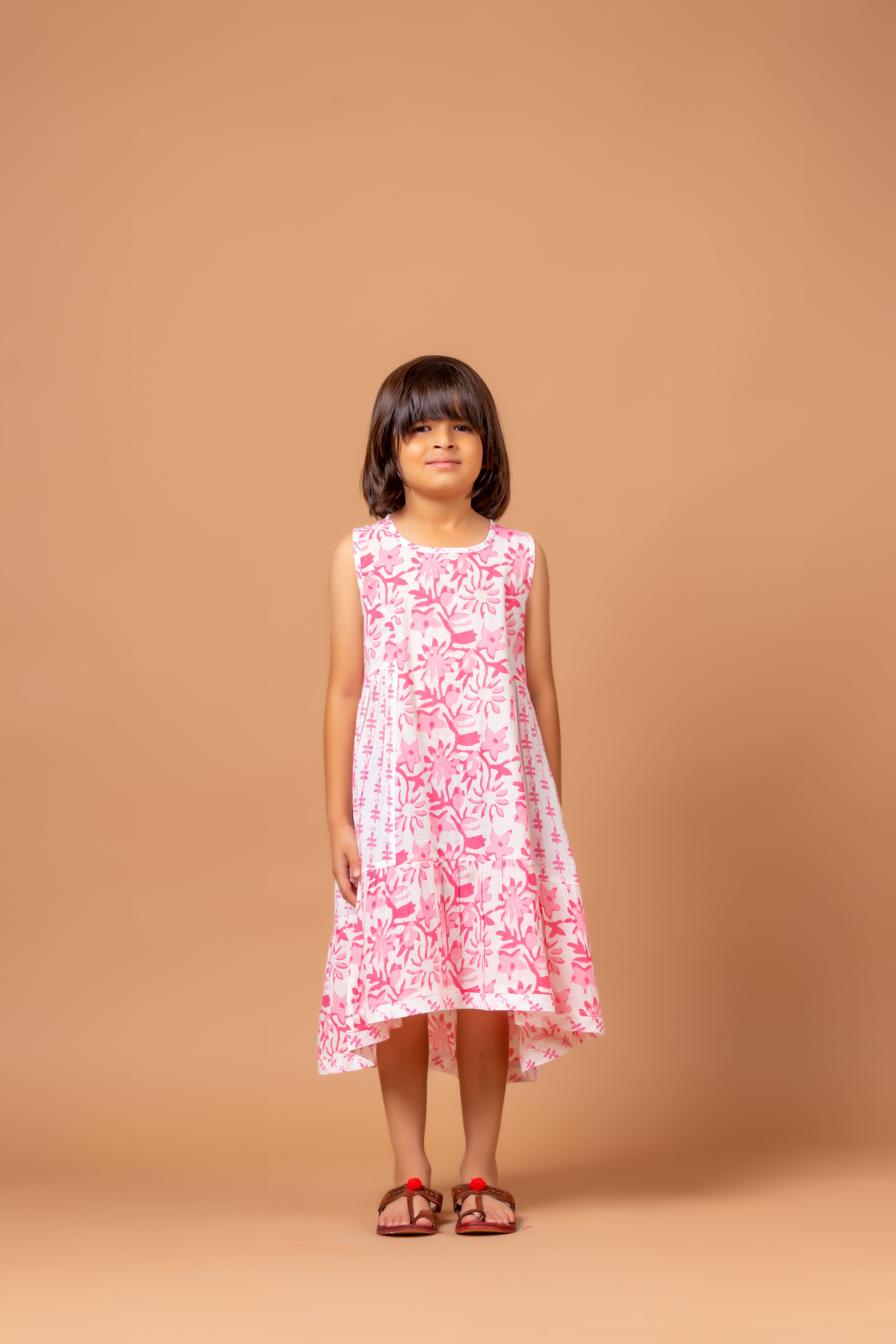 Girls Block Printed Dress- Luna Pink