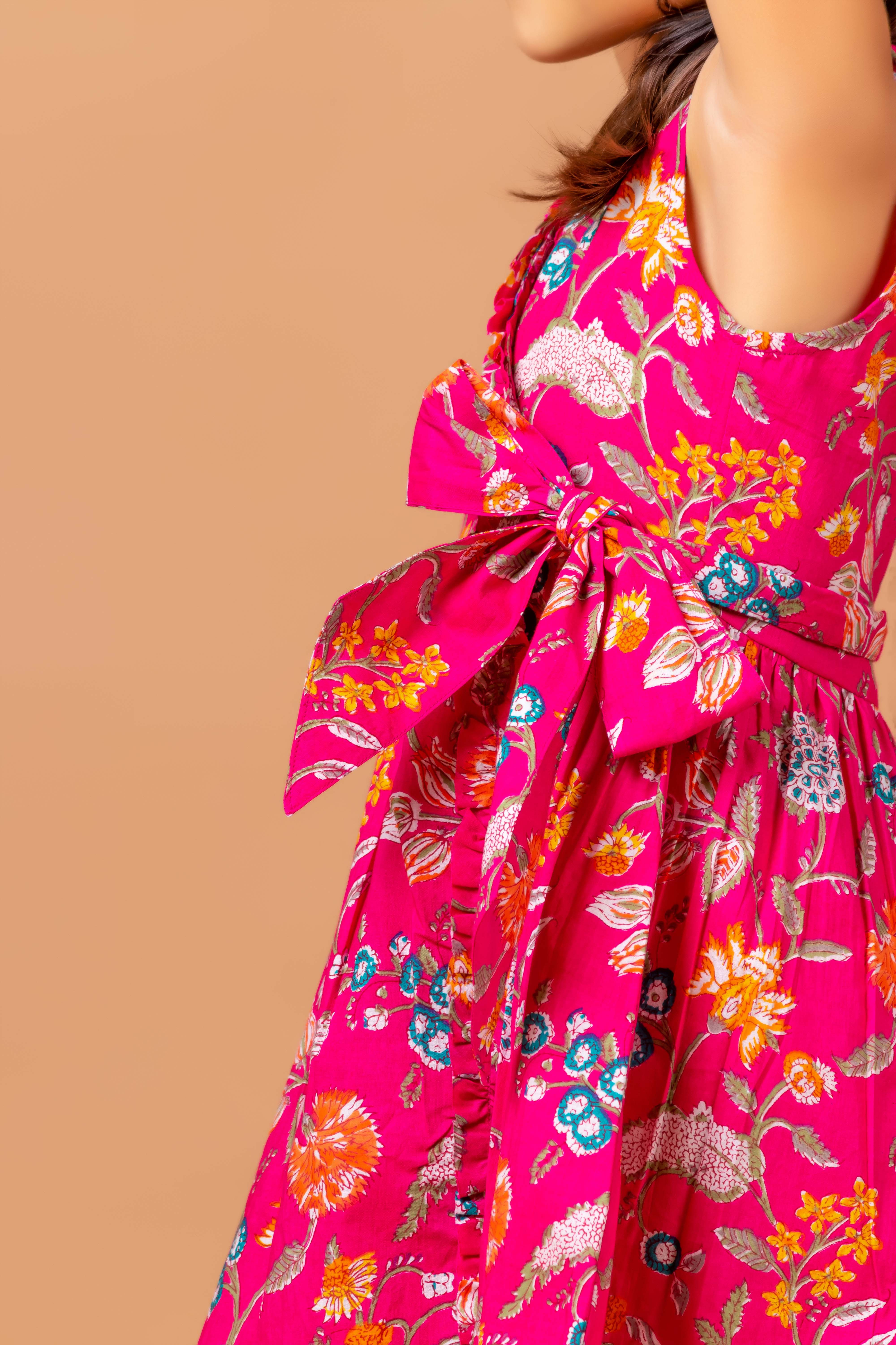 Printed Wrap- Dress Garima Fuchsia Pink Jaal