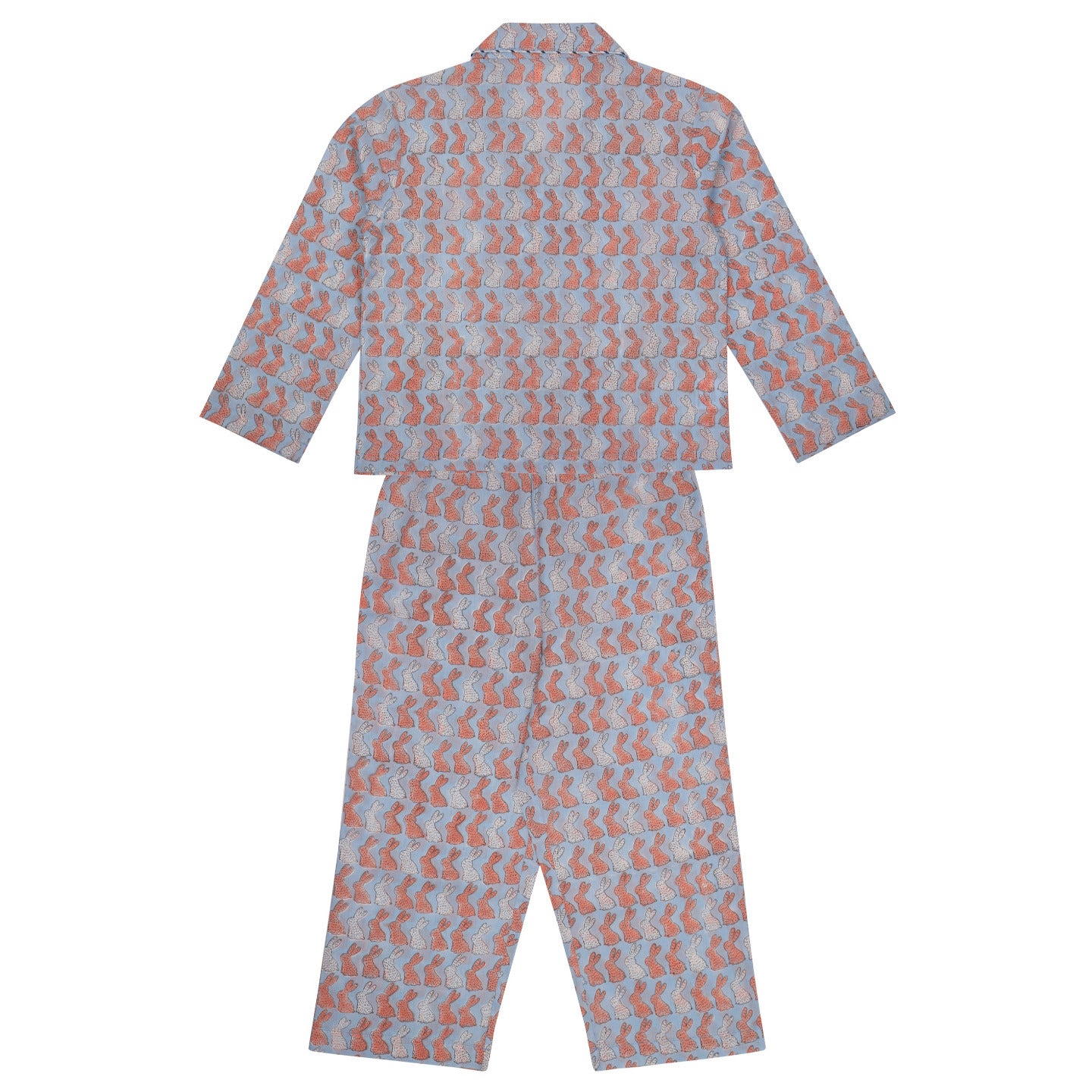 Block Printed Unisex Night Suit Set Bunny Blue