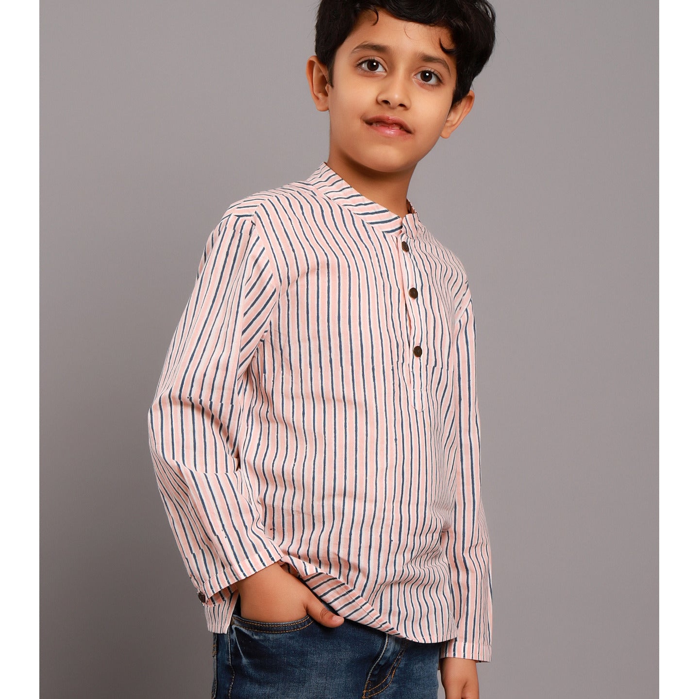 Block printed Boy's Striped Kurta Shirt Pink