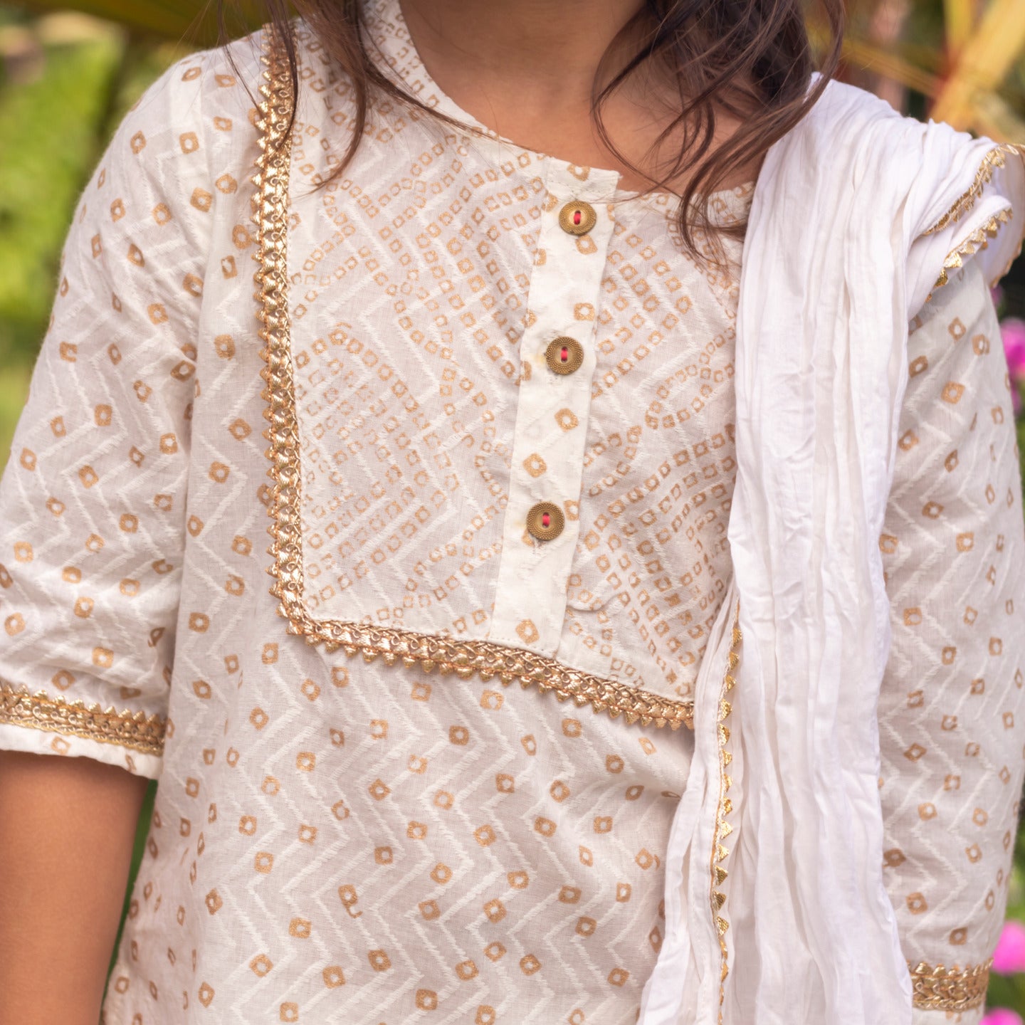 Girls Block Printed Kurta Set Bandhej White