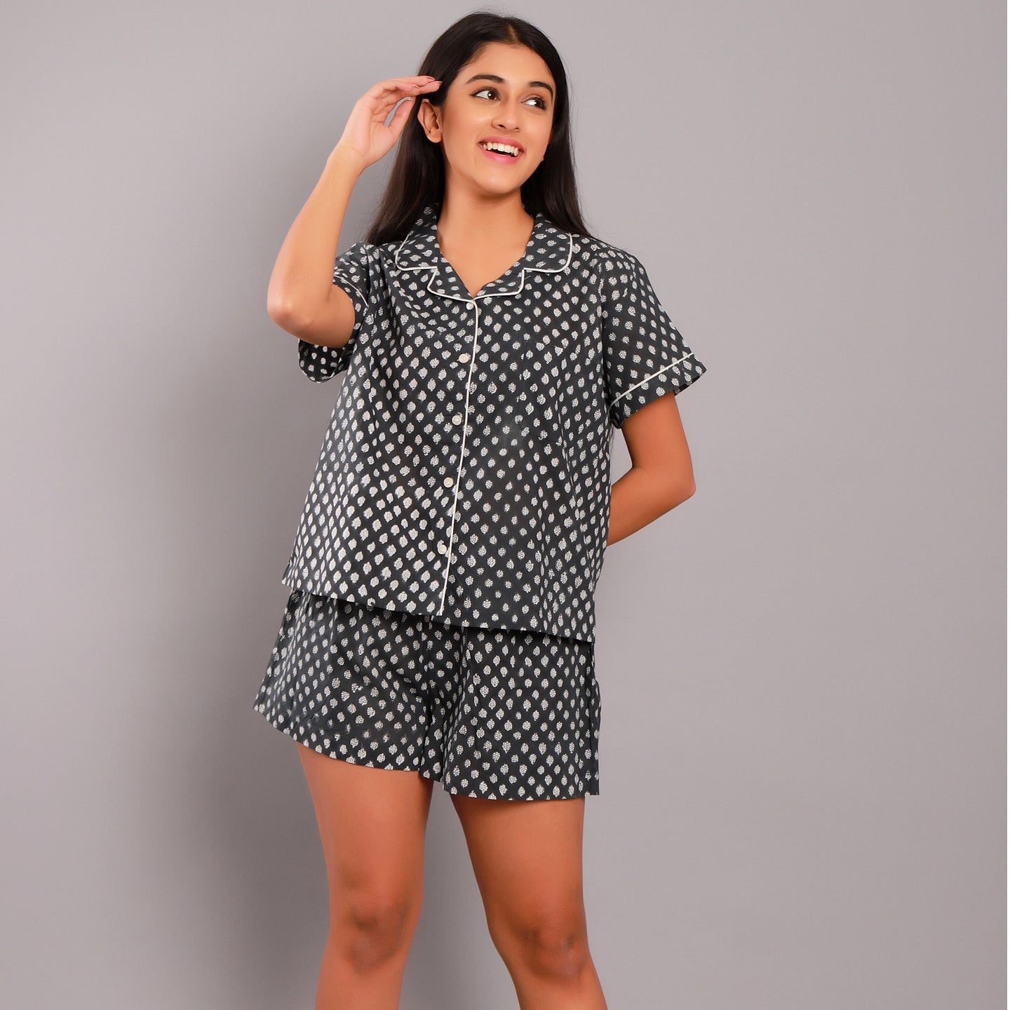 Nora Night Suit Shorts Set- Black