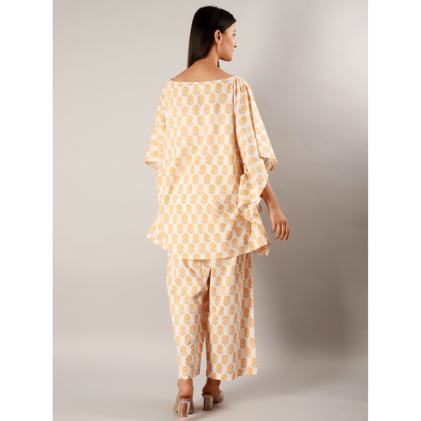 Block printed Women kaftan set Sunflower yellow