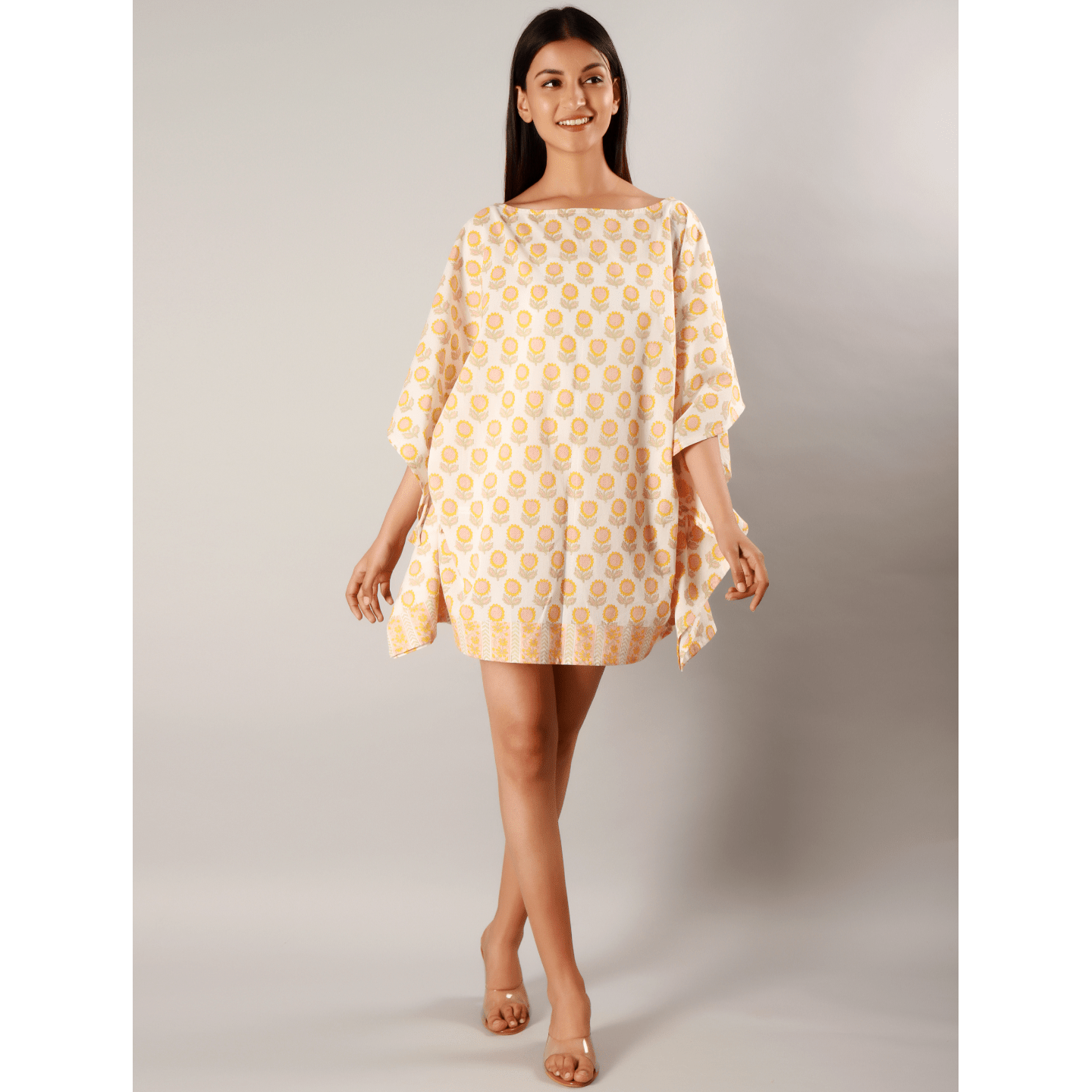 Block printed Women kaftan Sunflower yellow