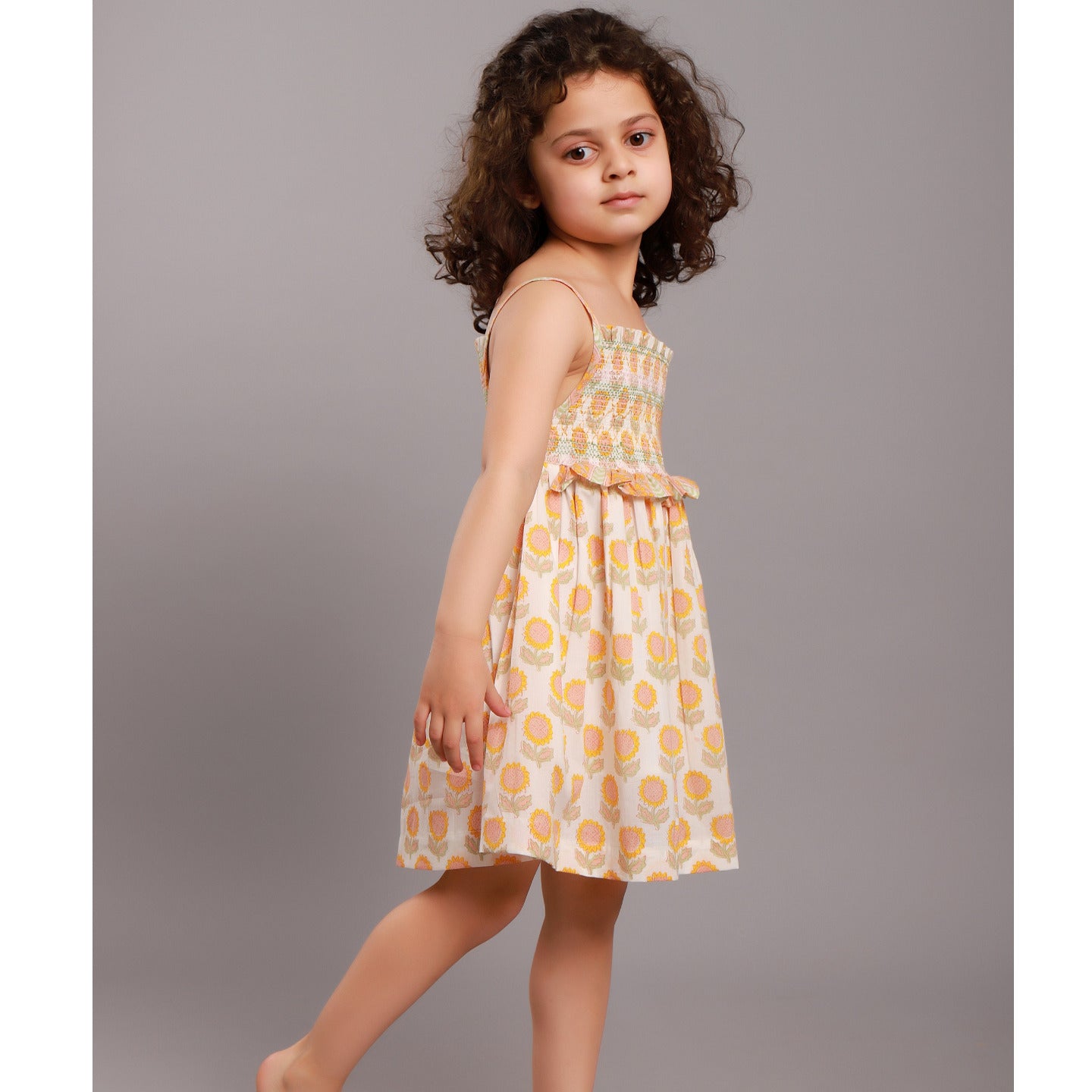 Block printed Girl's smocked dress